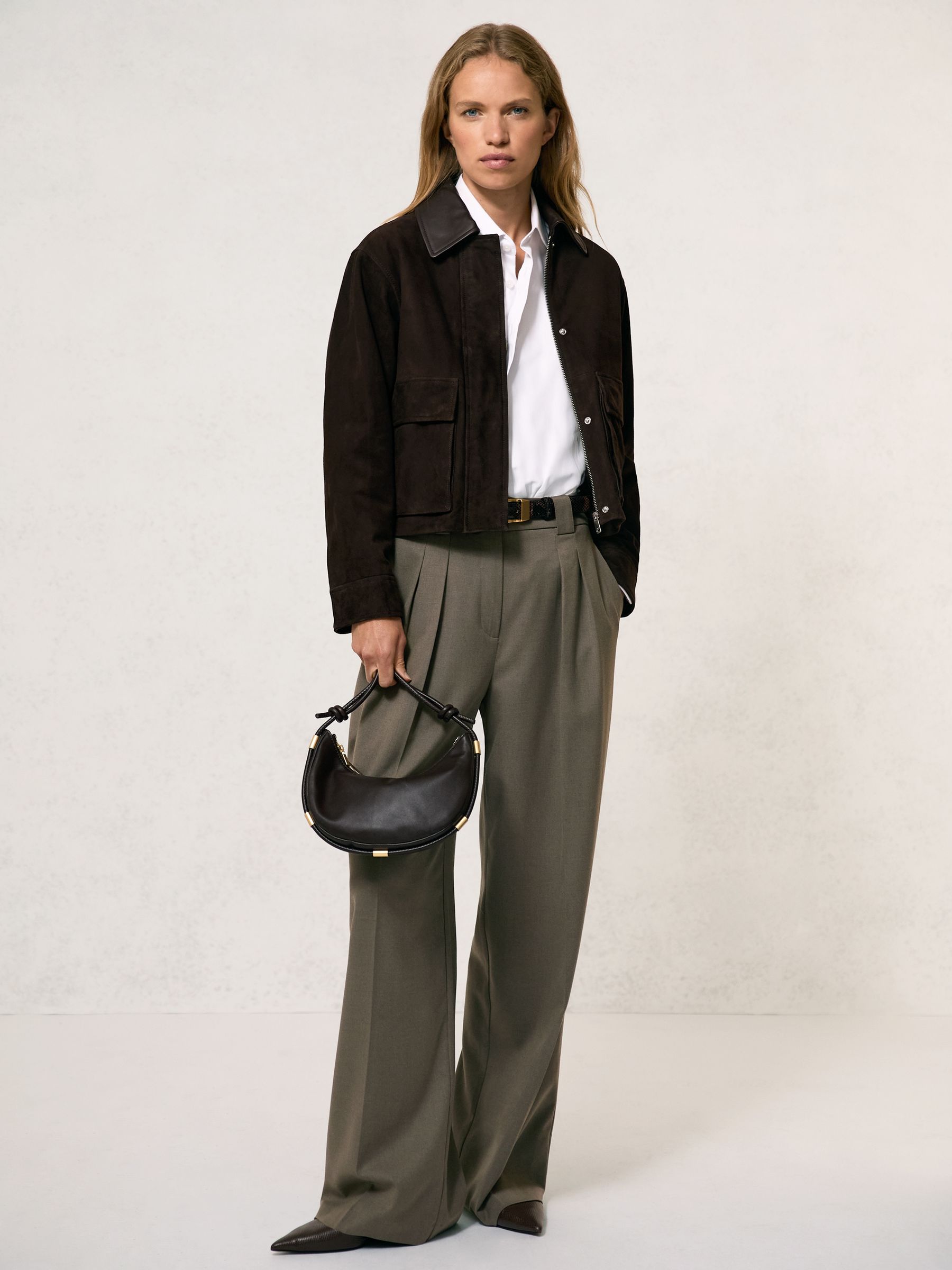 Leather-Collar Suede Jacket in Chocolate Brown - Image 3 of 6