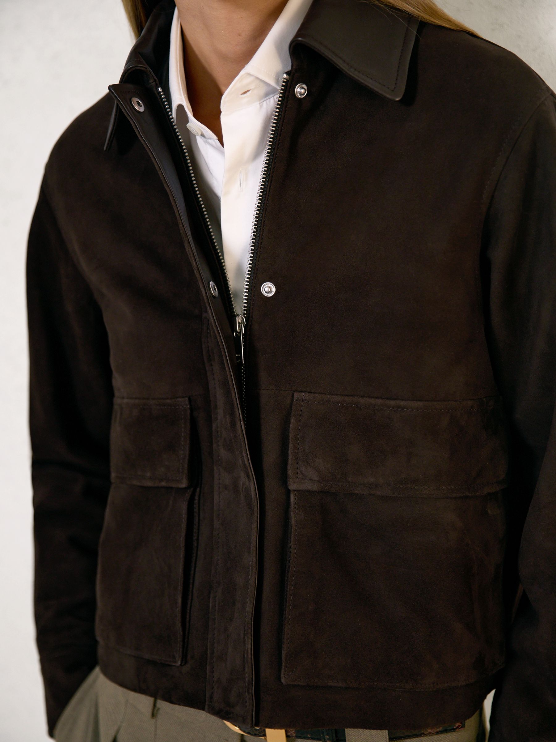 Leather-Collar Suede Jacket in Chocolate Brown - Image 4 of 6
