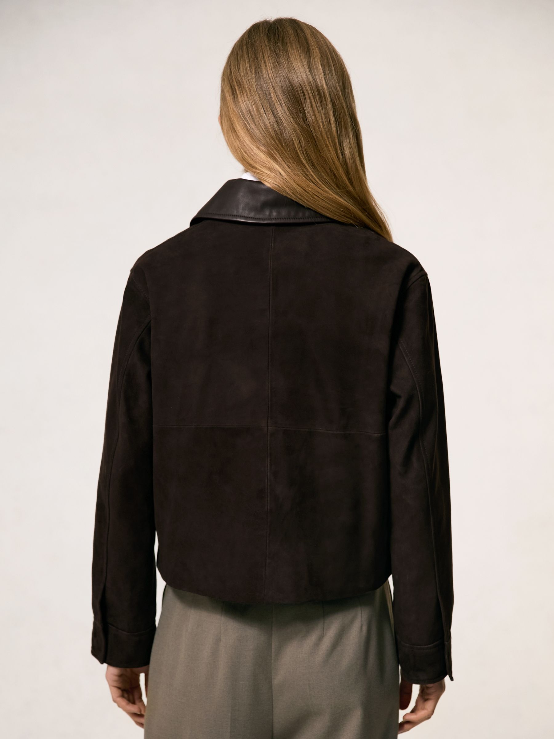 Reiss Leather-Collar Suede Jacket in Chocolate Brown | REISS