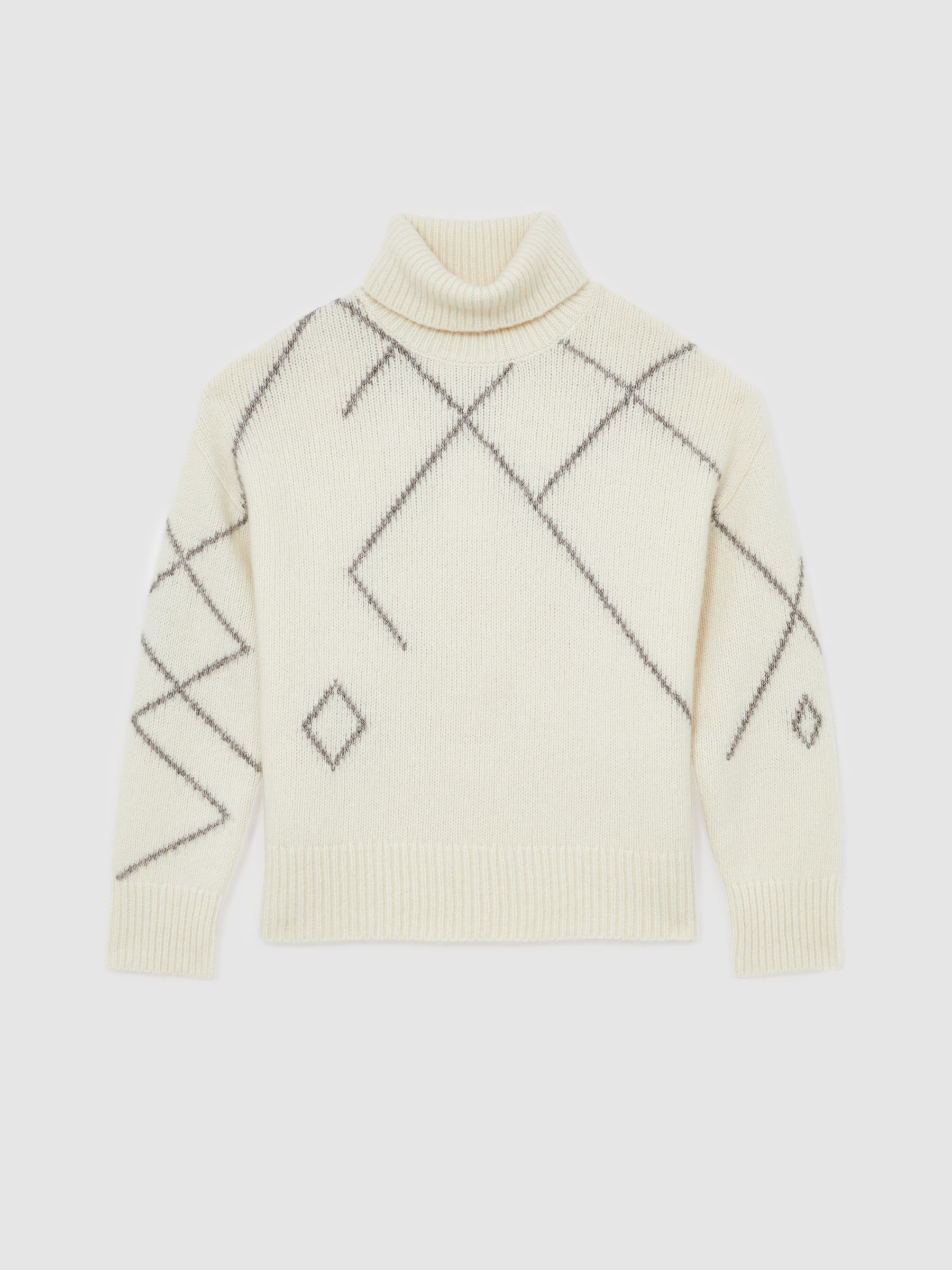 Wool-Blend Roll-Neck Argyle Jumper in Cream/Taupe Brown - image 1