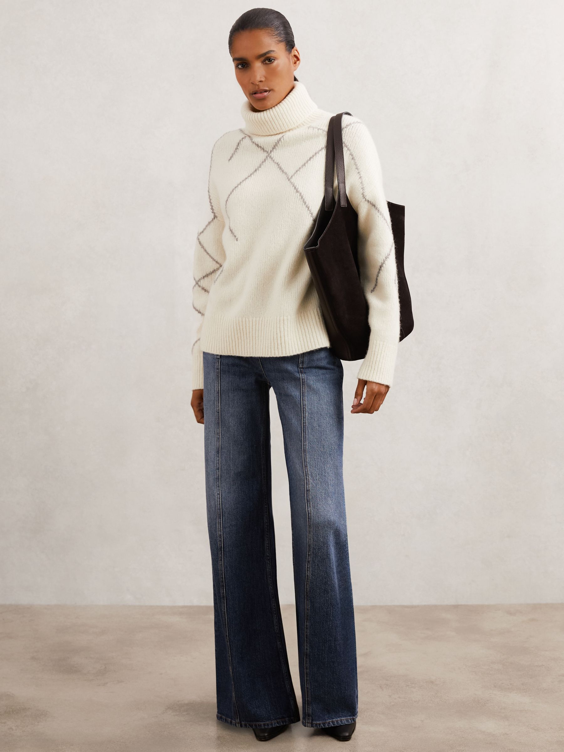 Wool-Blend Roll-Neck Argyle Jumper in Cream/Taupe Brown - image 3