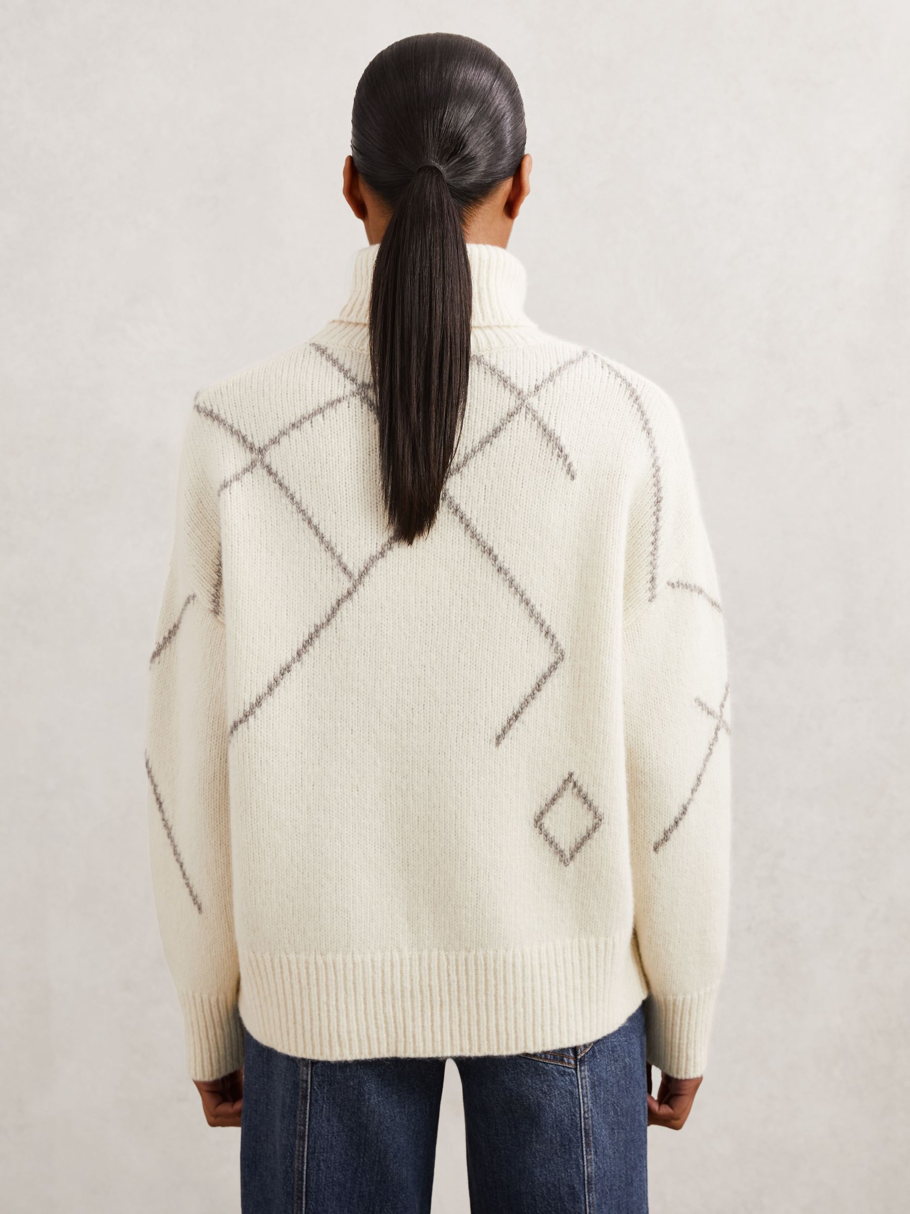 Wool-Blend Roll-Neck Argyle Jumper in Cream/Taupe Brown - image 5