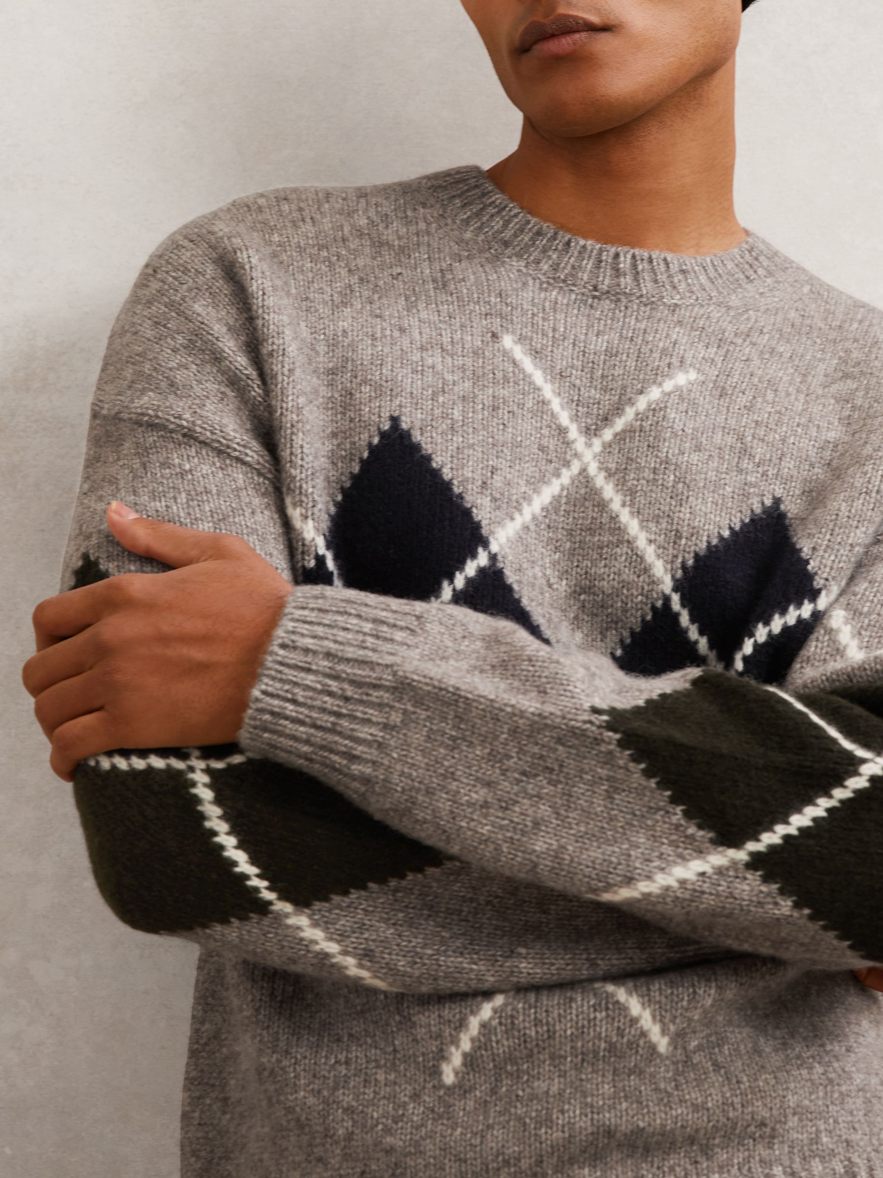 Wool-Blend Crew-Neck Argyle Jumper in Oatmeal - Image 4 of 7