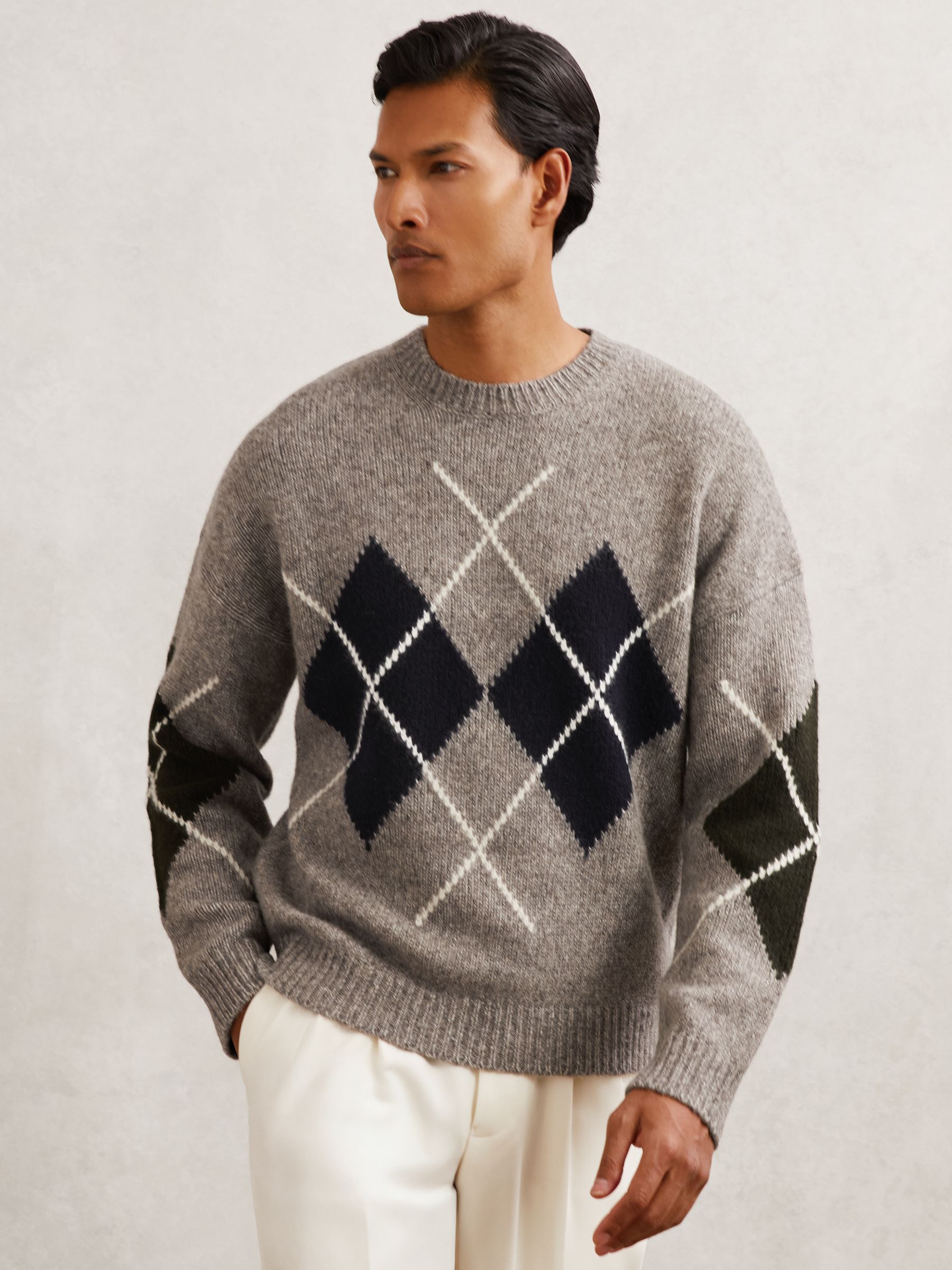 Wool-Blend Crew-Neck Argyle Jumper in Oatmeal - Image 5 of 7