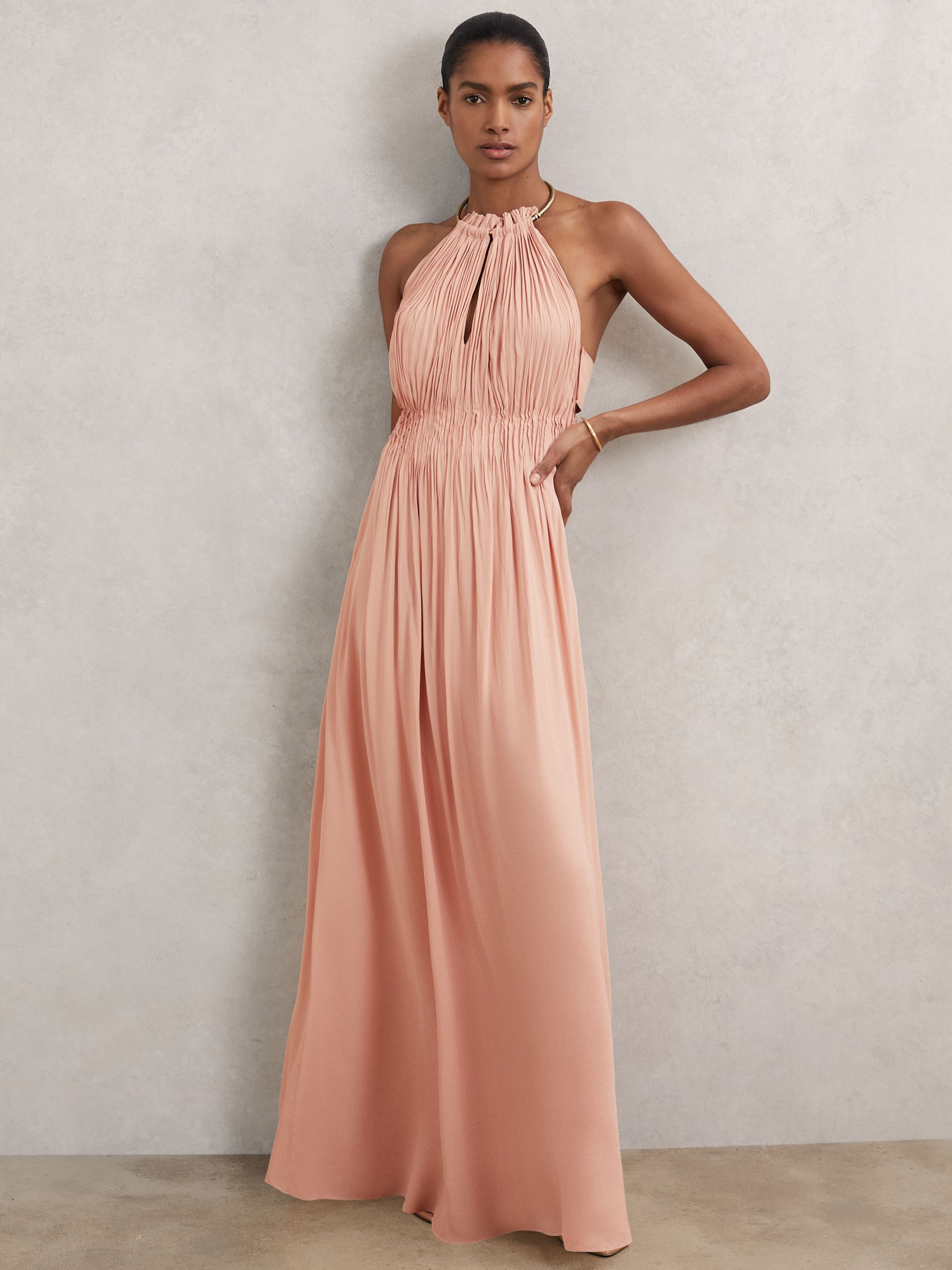 Reiss - Pink Ring-detail Halterneck Maxi Dress, 18