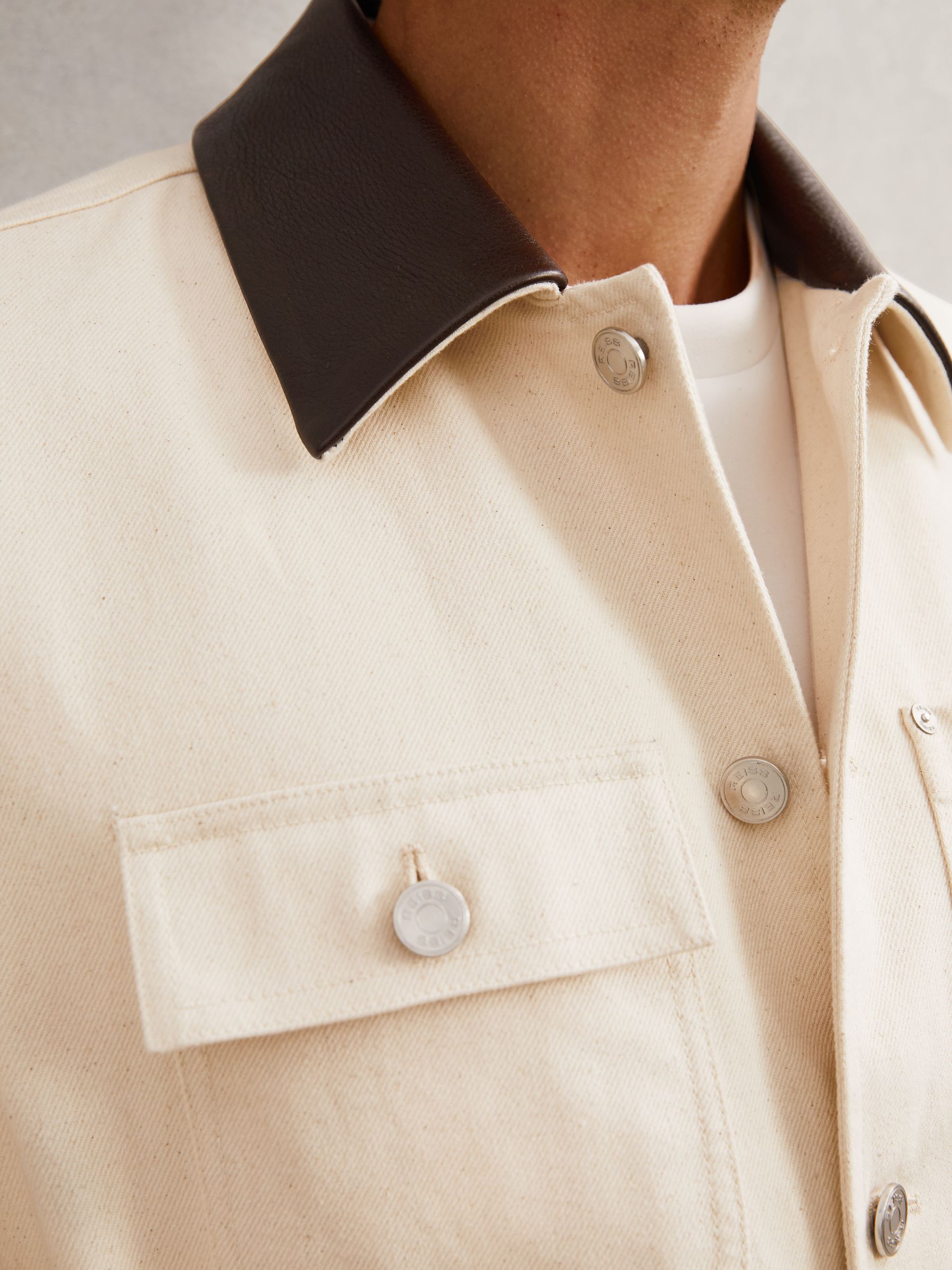 Denim Leather-Collar Worker Jacket in Off White - Image 3 of 8