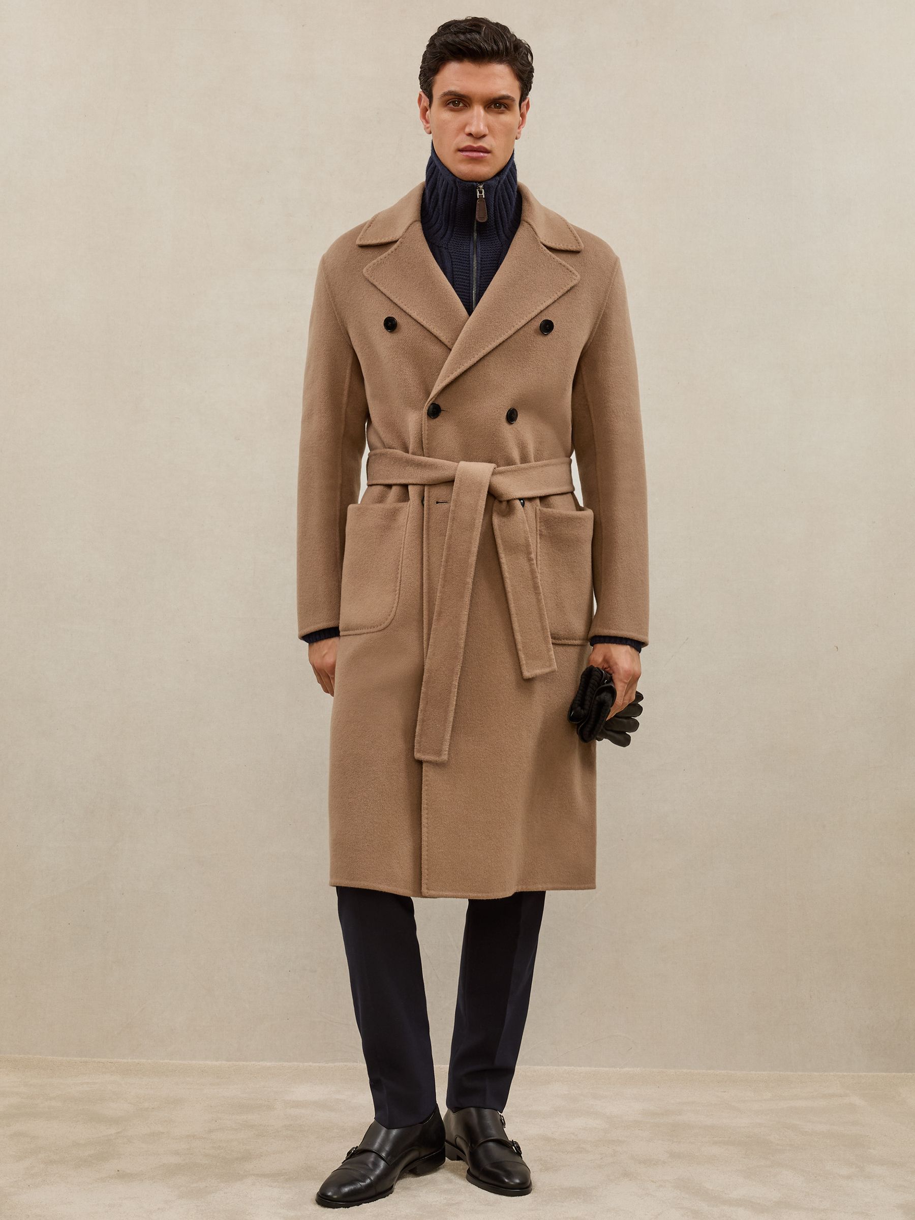 Atelier Double-Breasted Tie-Waist Overcoat in Camel Brown - Image 1 of 9