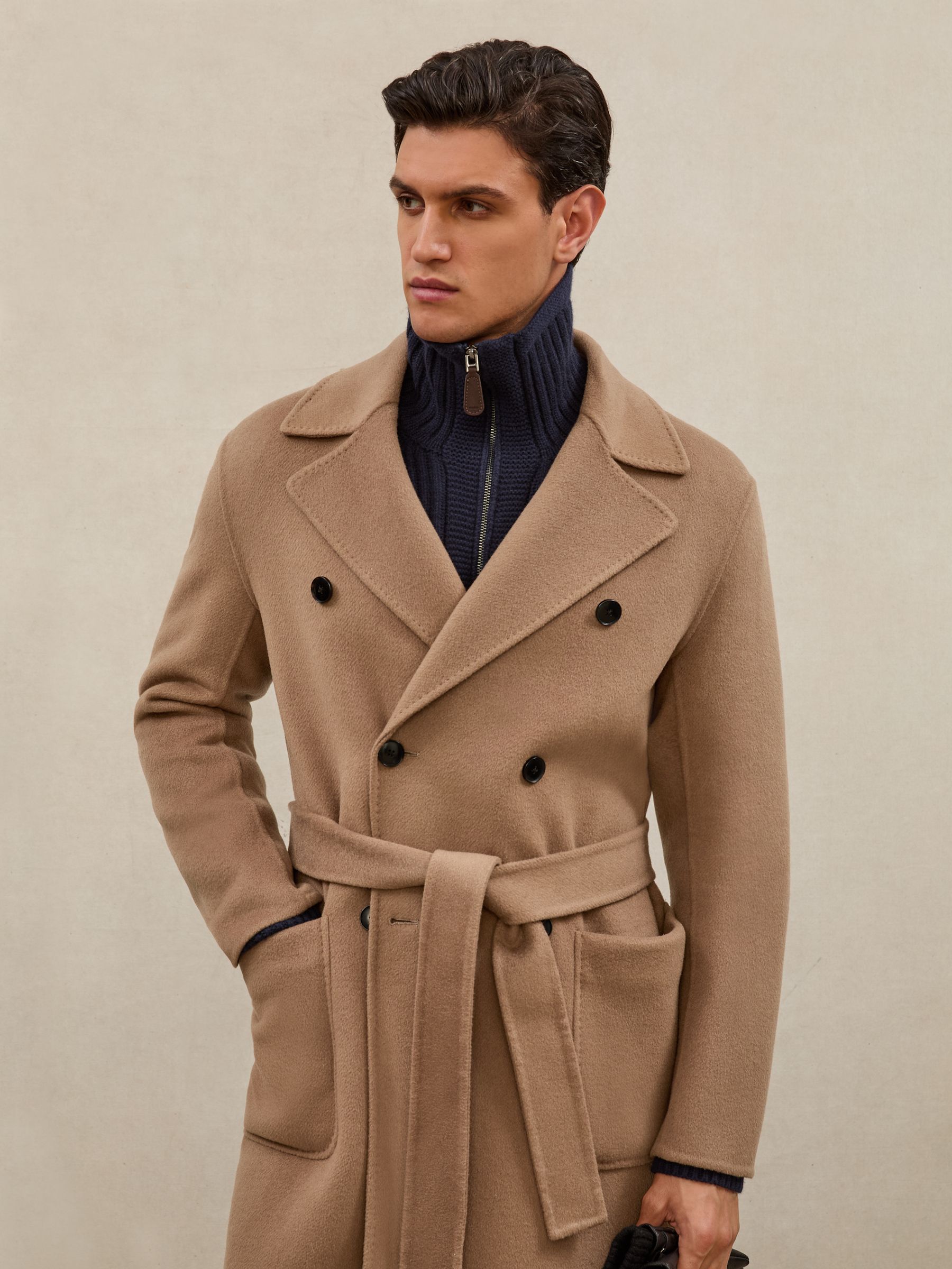 Atelier Double-Breasted Tie-Waist Overcoat in Camel Brown - Image 6 of 9