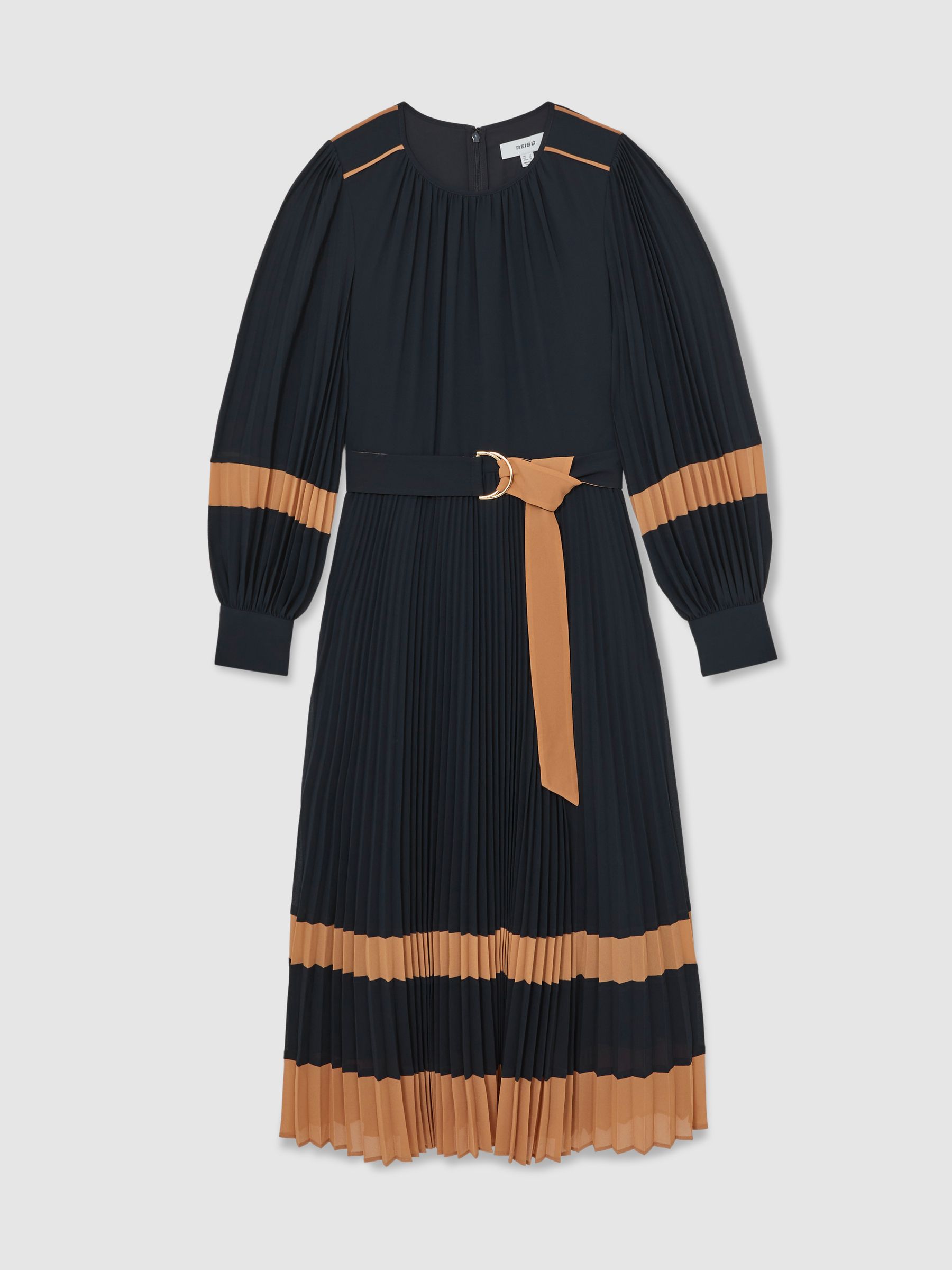 Colour-Block Pleated Midi Dress in Navy/Camel - Image 2 of 6