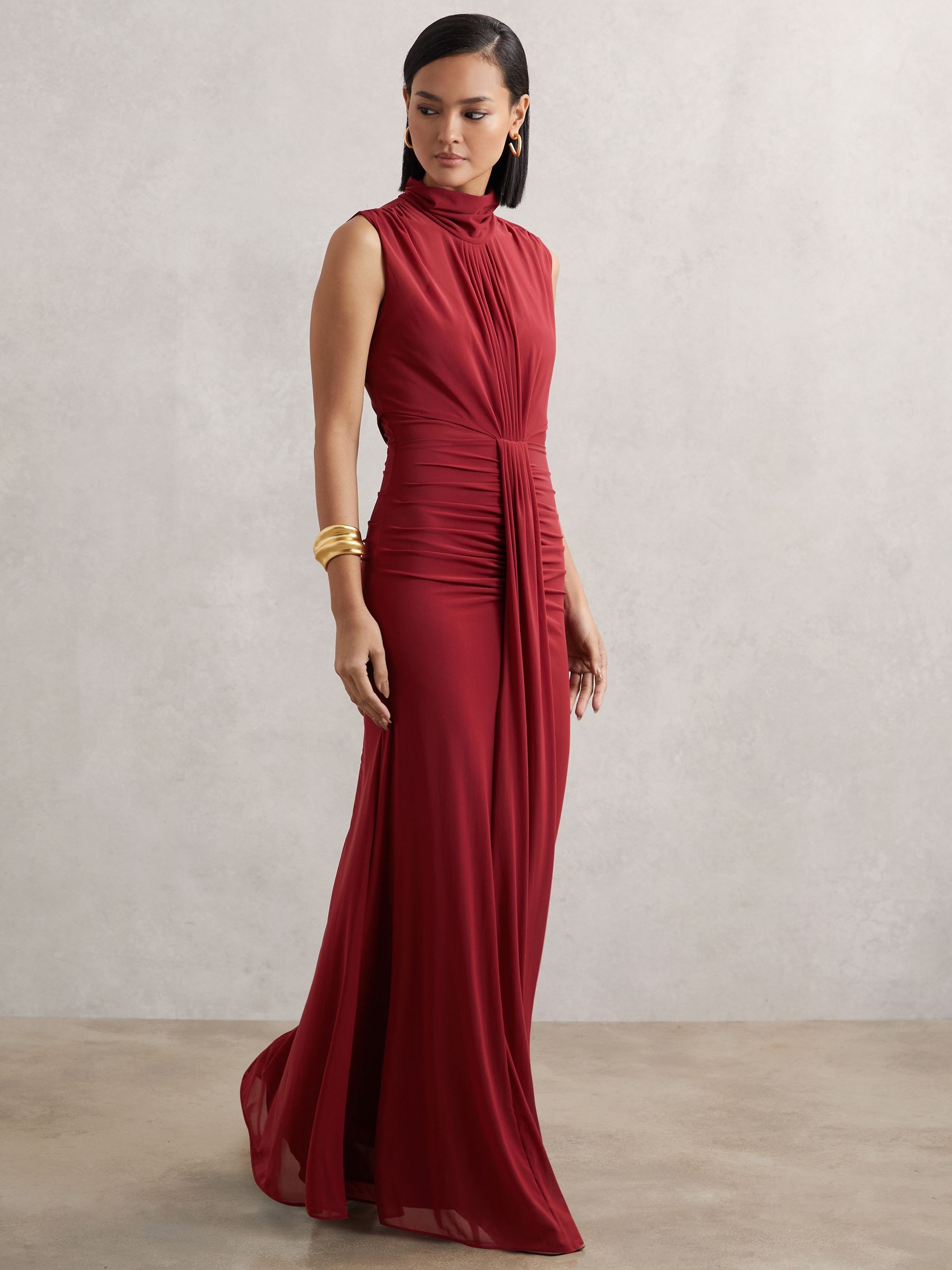 Sheer Ruched Maxi Dress in Dark Red - image 4