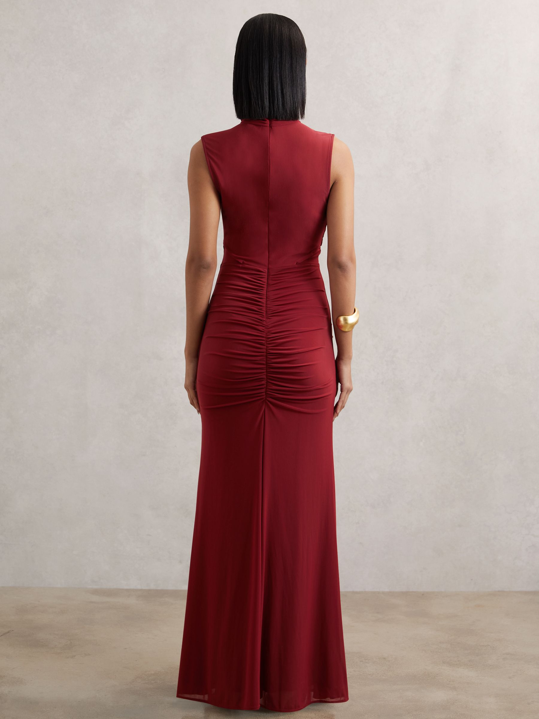 Sheer Ruched Maxi Dress in Dark Red - image 5