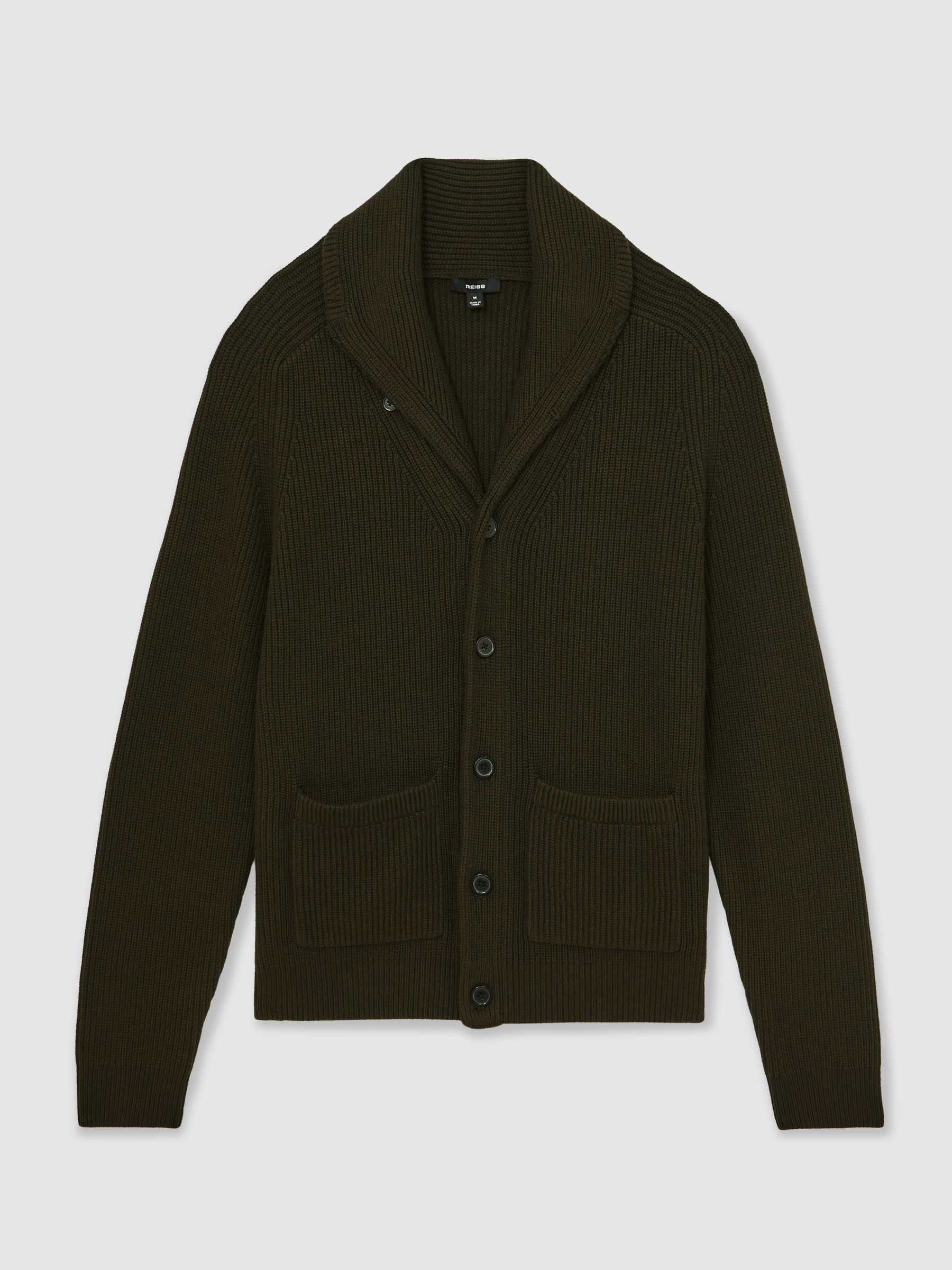Shawl-Collar Cardigan With Wool in Dark Olive Green - image 1