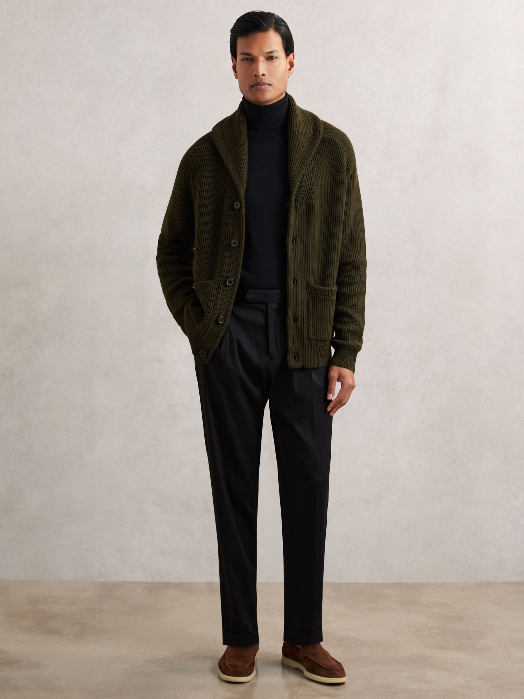 Shawl-Collar Cardigan With Wool in Dark Olive Green - image 5