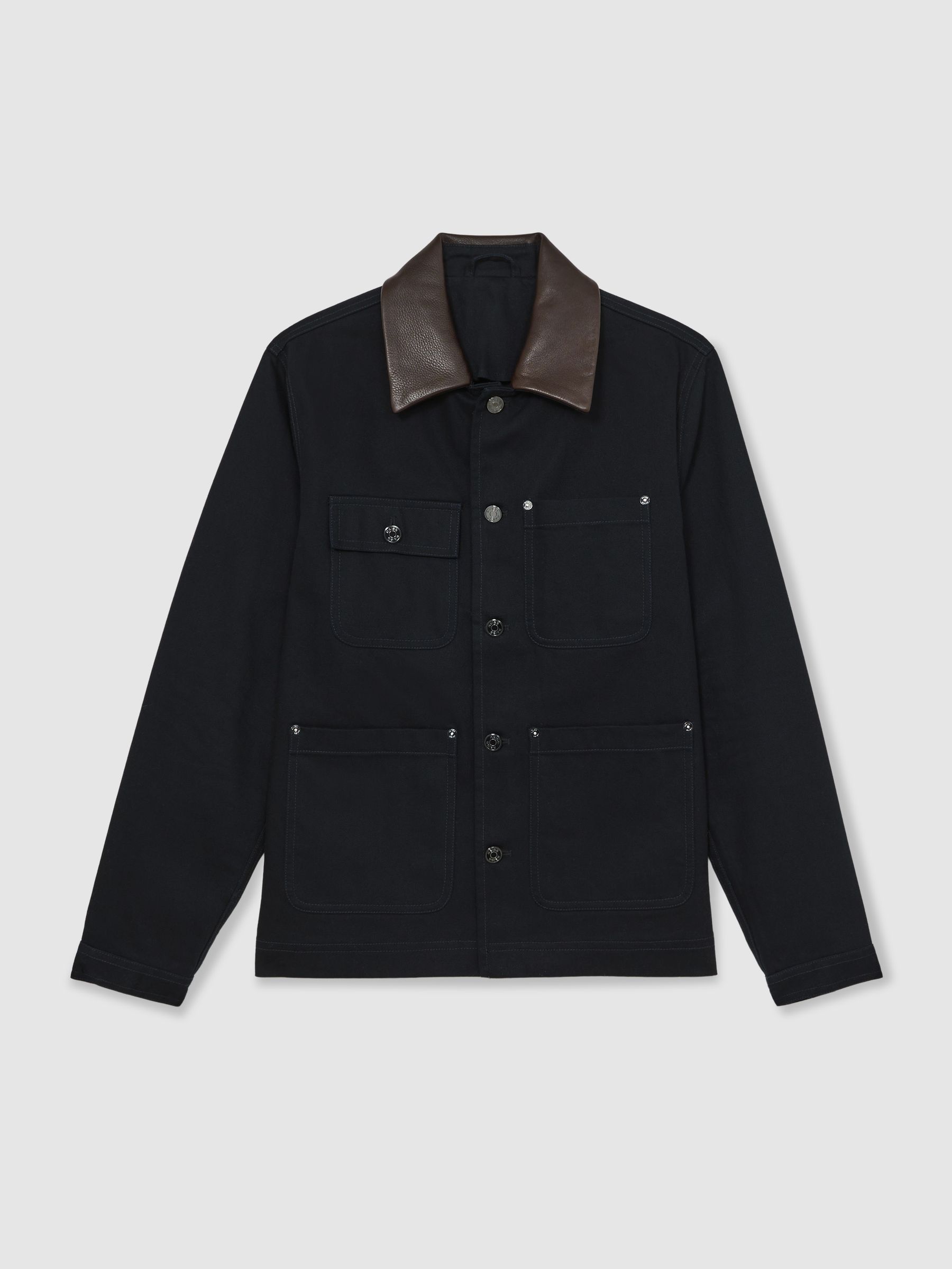 Denim Leather-Collar Worker Jacket in Indigo Blue - image 1