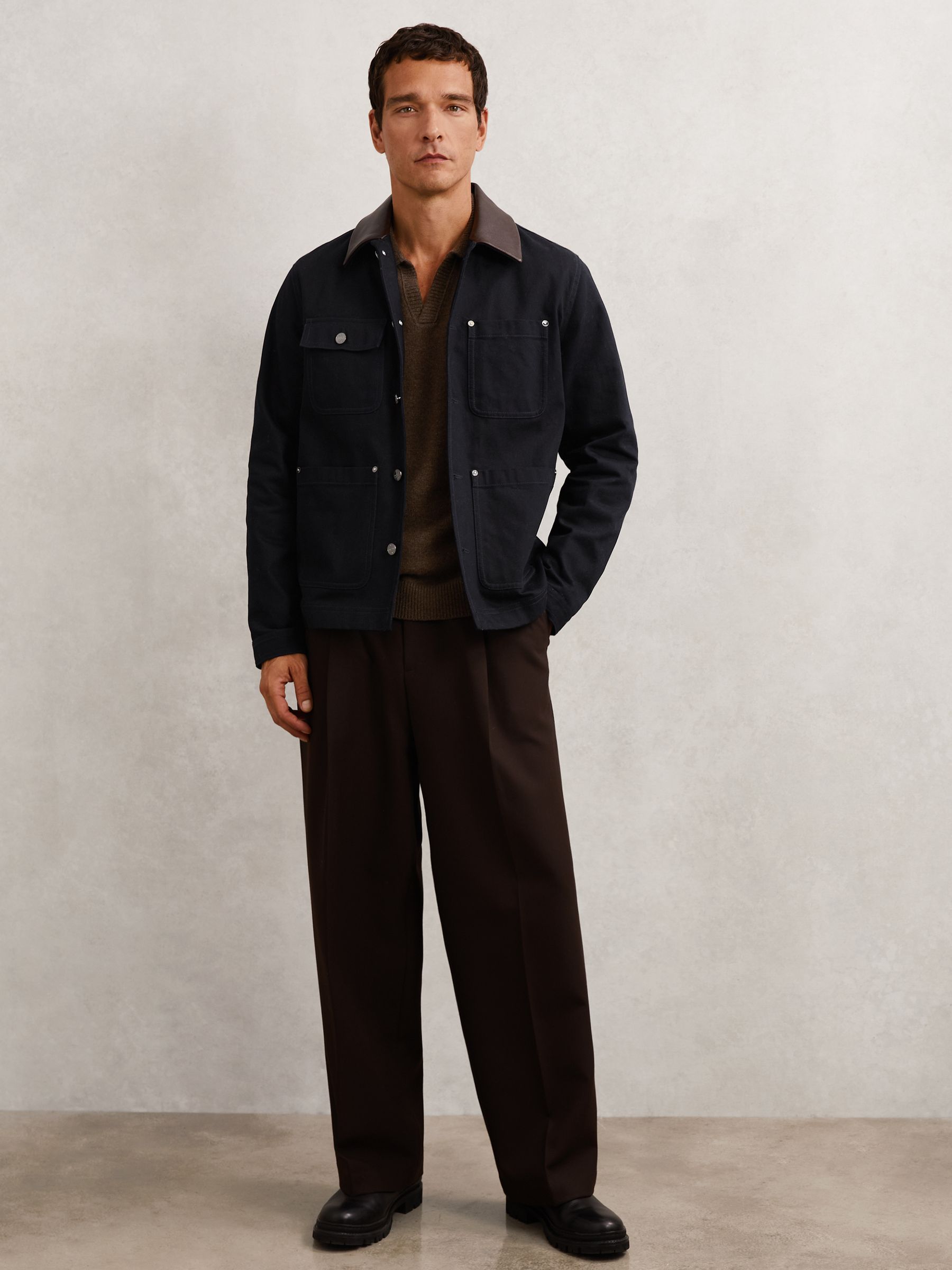 Reiss Denim Leather-Collar Worker Jacket in Indigo Blue | REISS