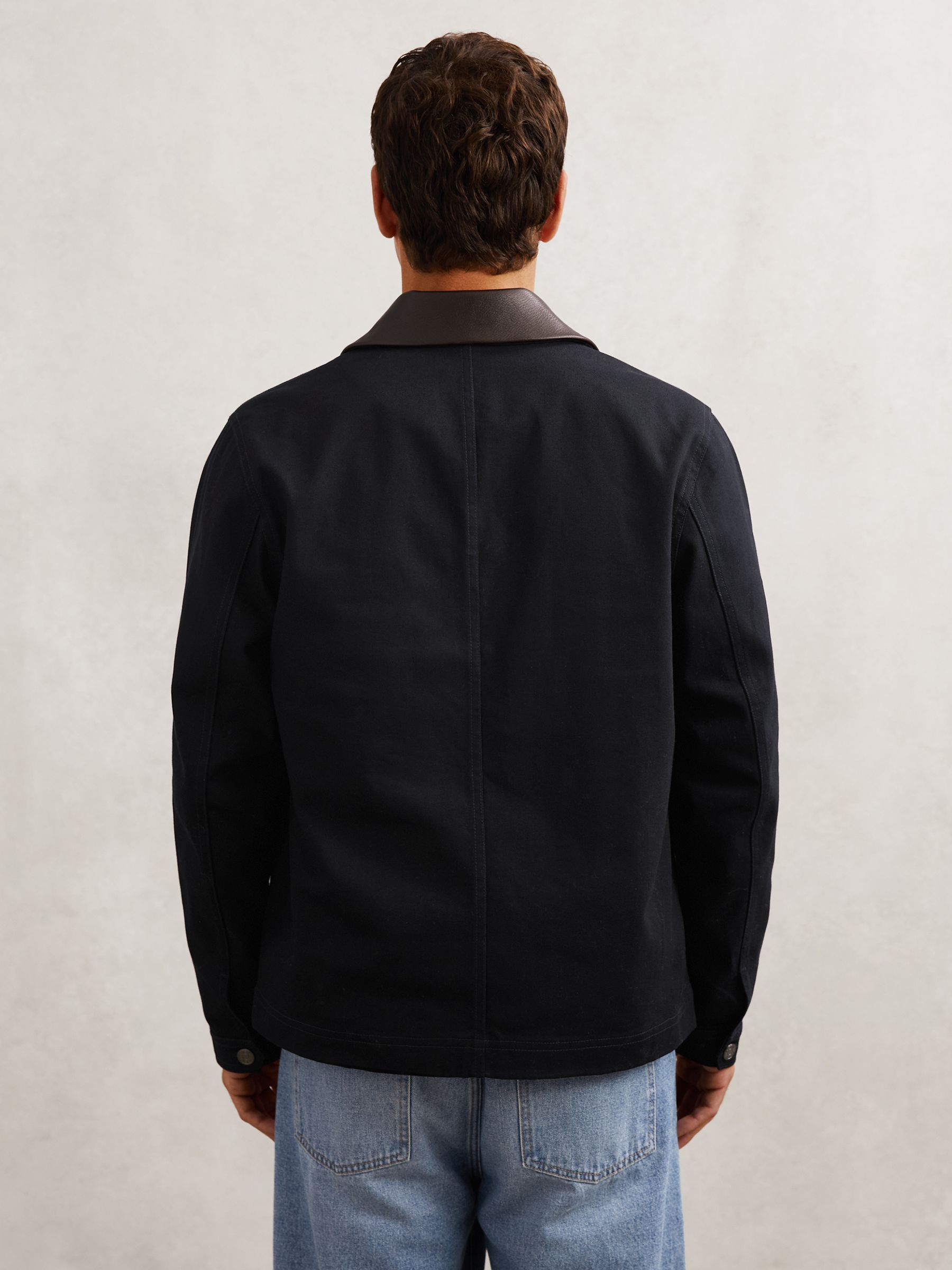 Denim Leather-Collar Worker Jacket in Indigo Blue - image 5