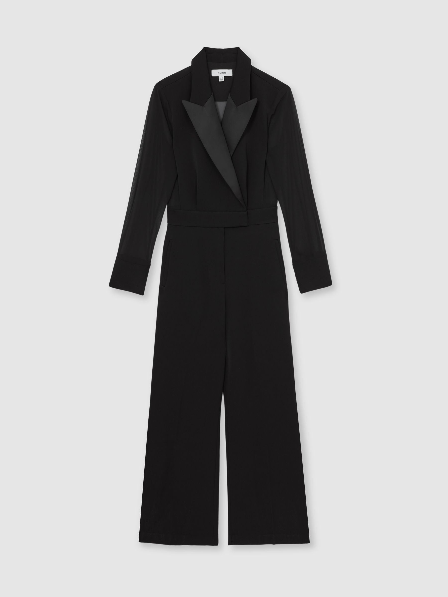 Sheer-Sleeve Tuxedo Jumpsuit in Black - Image 2 of 6