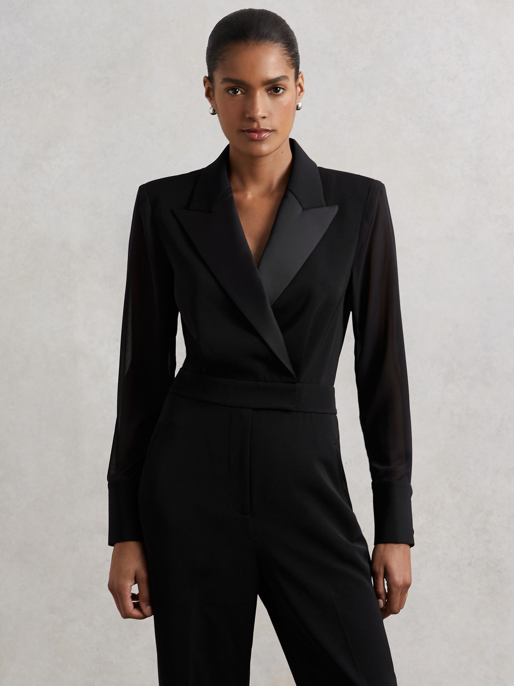 Sheer-Sleeve Tuxedo Jumpsuit in Black - Image 3 of 6