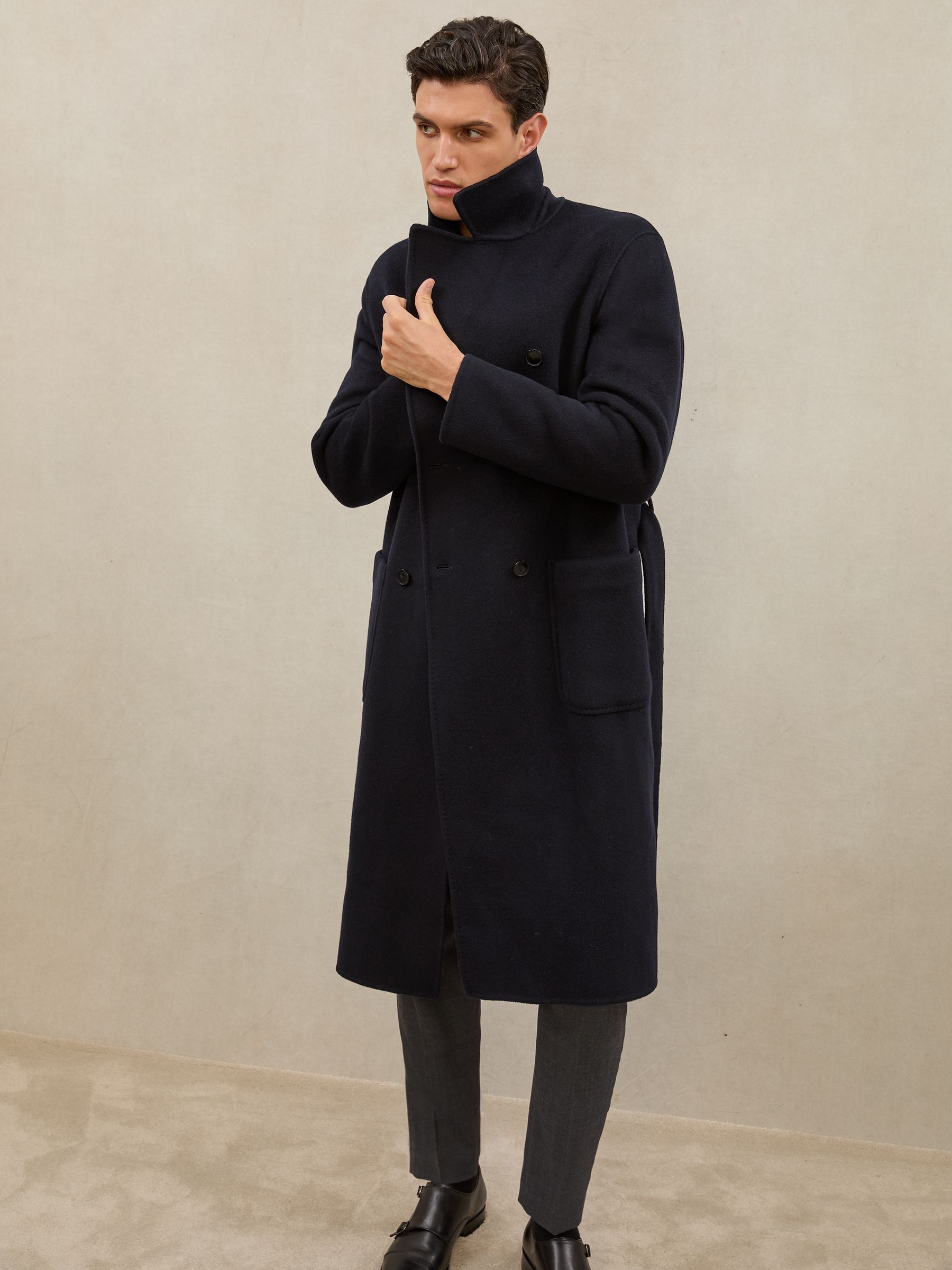 Atelier Double-Breasted Tie-Waist Overcoat in Navy - Image 3 of 8