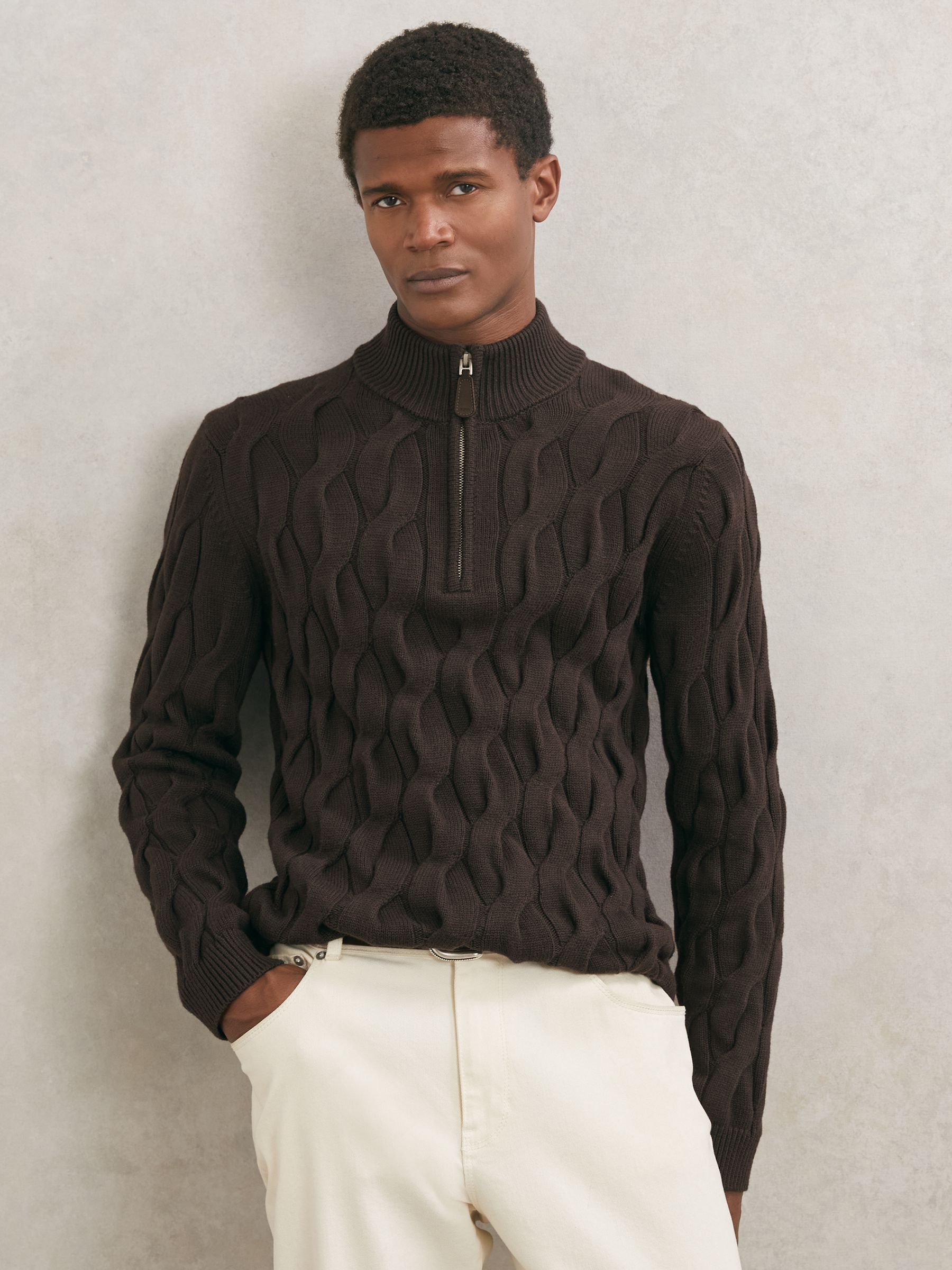 Reiss Half-Zip Cable-Knit Jumper with Wool in Chocolate Brown | REISS