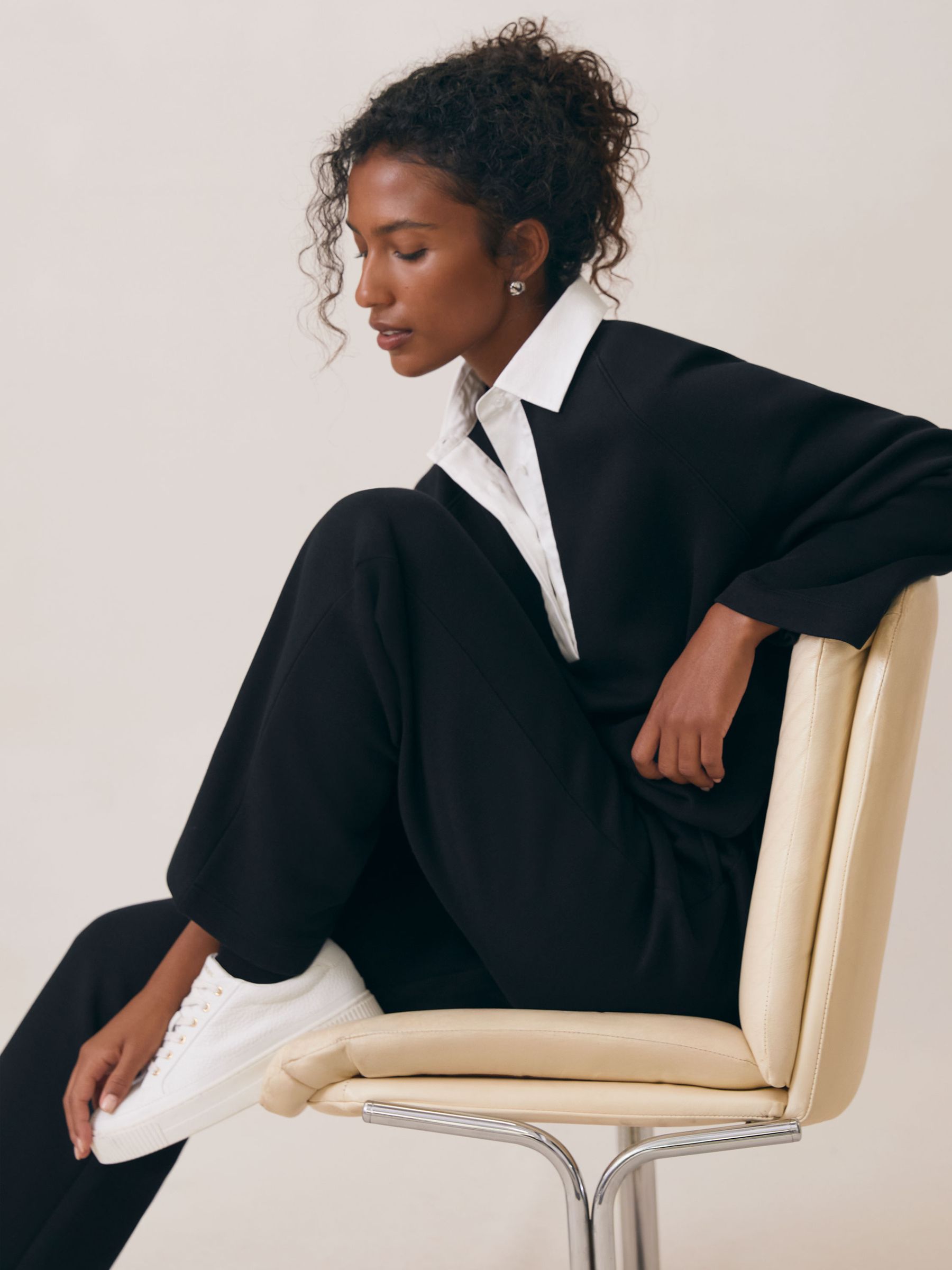 Cotton Blend Interlock Wide Leg Joggers in Black/White - Image 1 of 6