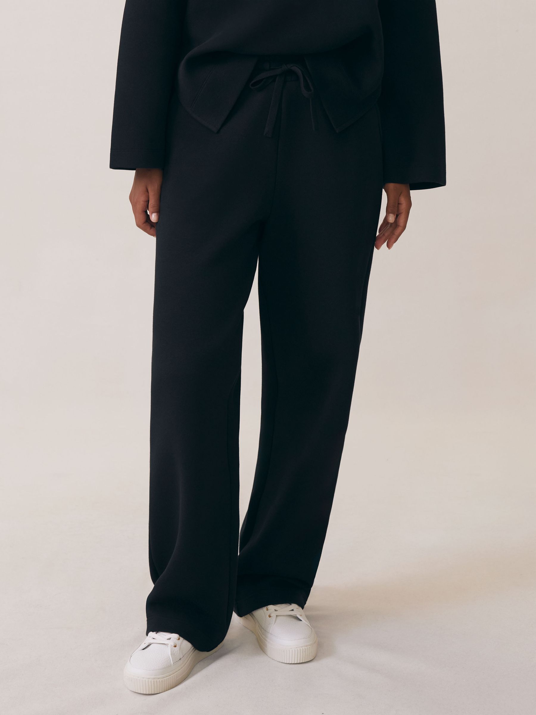 Cotton Blend Interlock Wide Leg Joggers in Black/White - Image 3 of 6