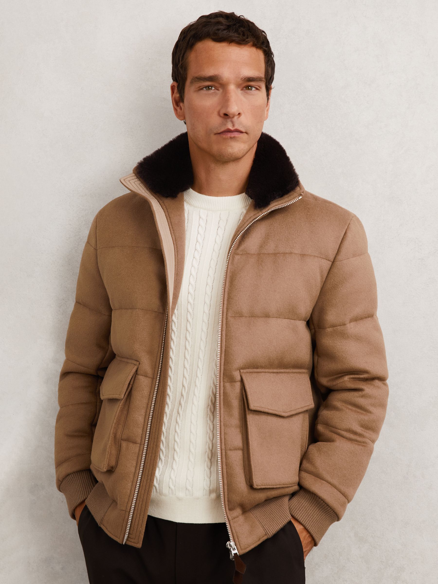 Faux-Fur Collar Quilted Puffer Jacket in Light Brown - Image 1 of 7