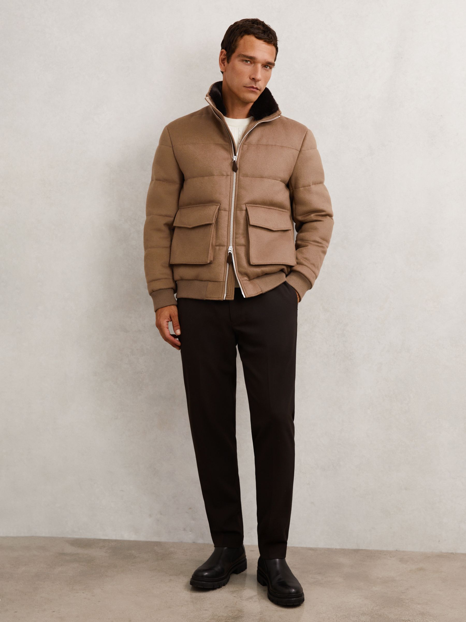 Faux-Fur Collar Quilted Puffer Jacket in Light Brown - Image 4 of 7