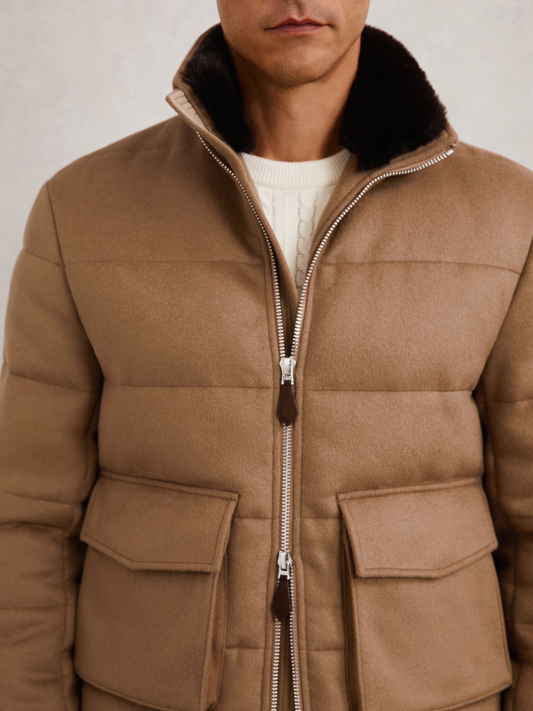 Faux-Fur Collar Quilted Puffer Jacket in Light Brown - Image 5 of 7