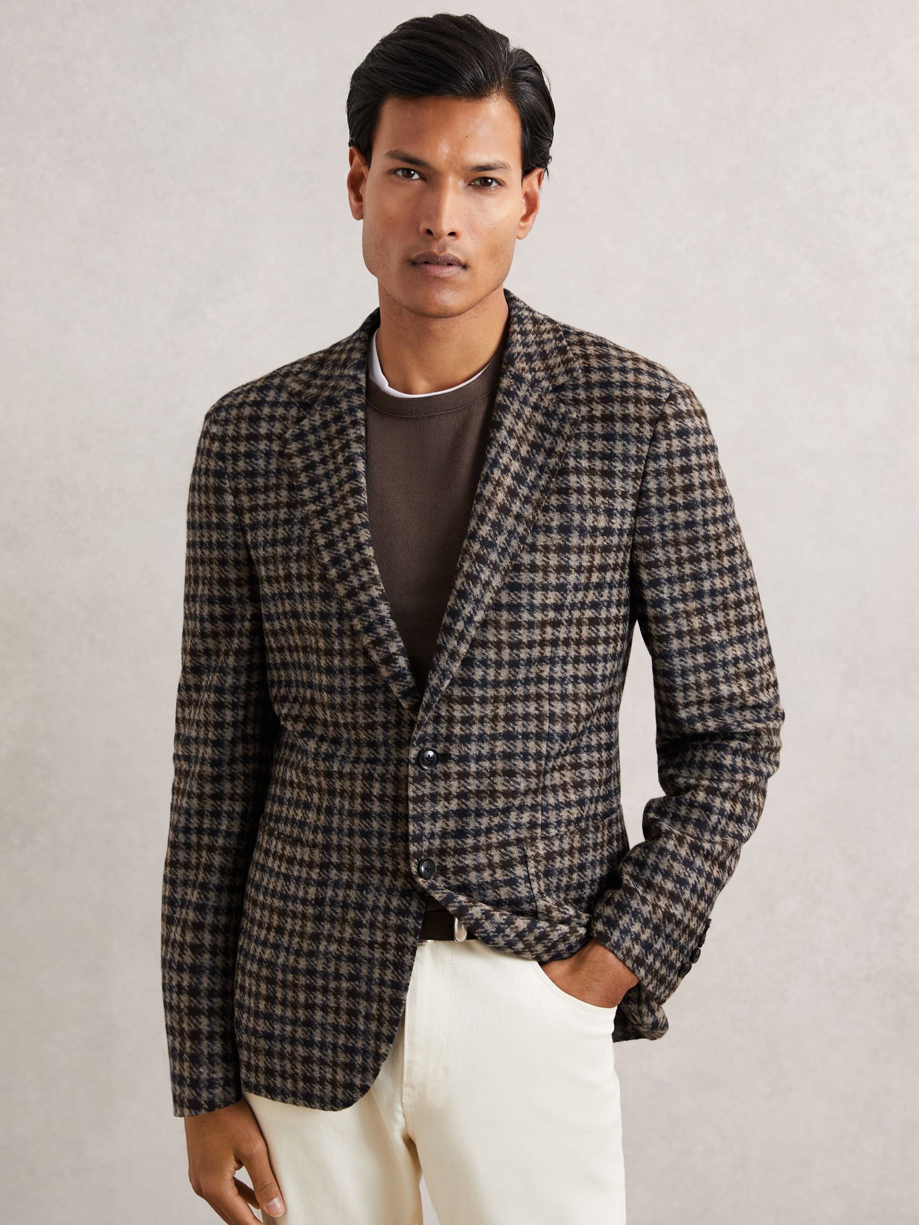Wool-Blend Dogtooth Check Blazer in Brown - Image 1 of 7
