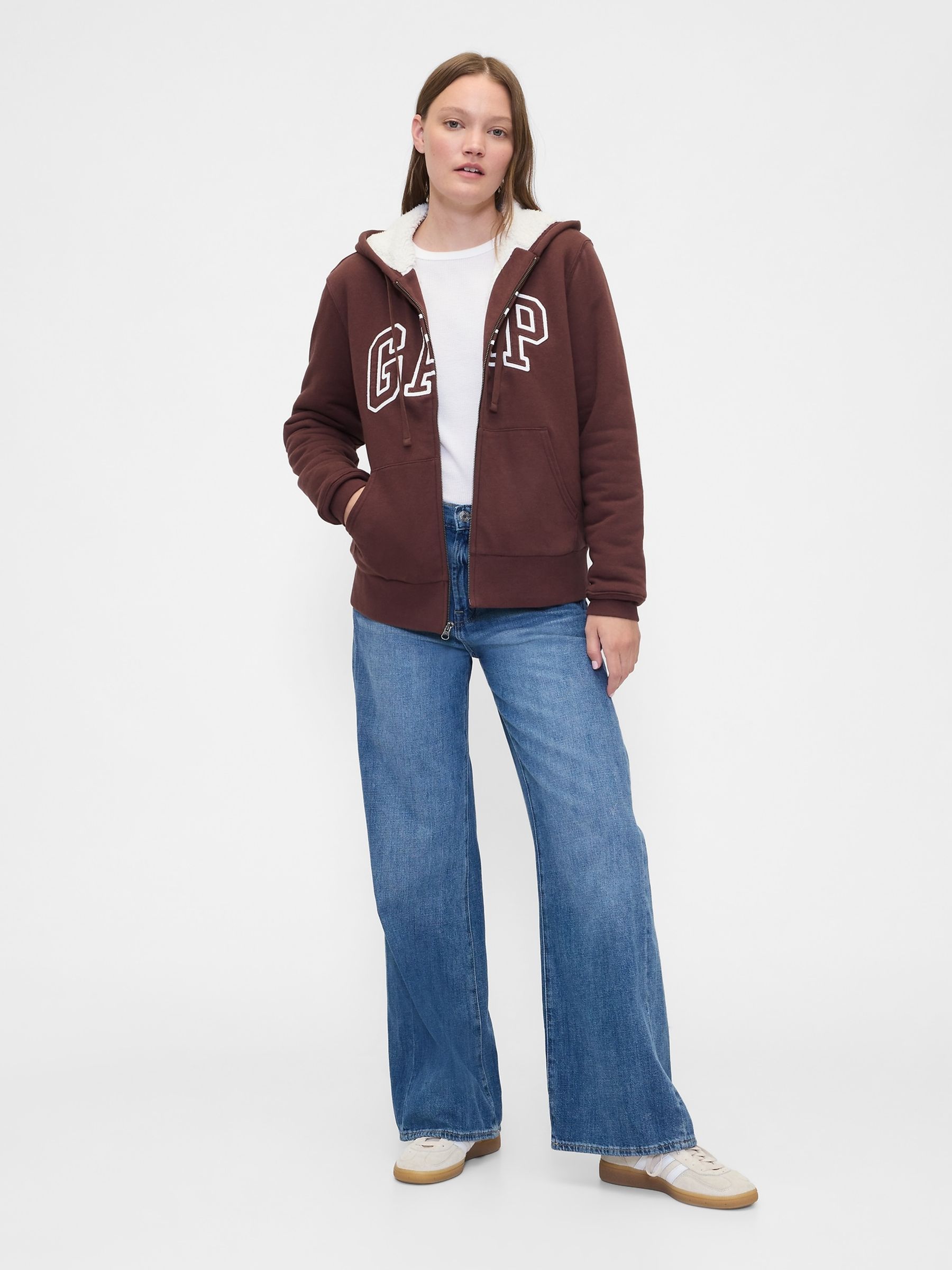 Brown Relaxed Logo Sherpa-Lined Zip Hoodie - Image 1 of 4