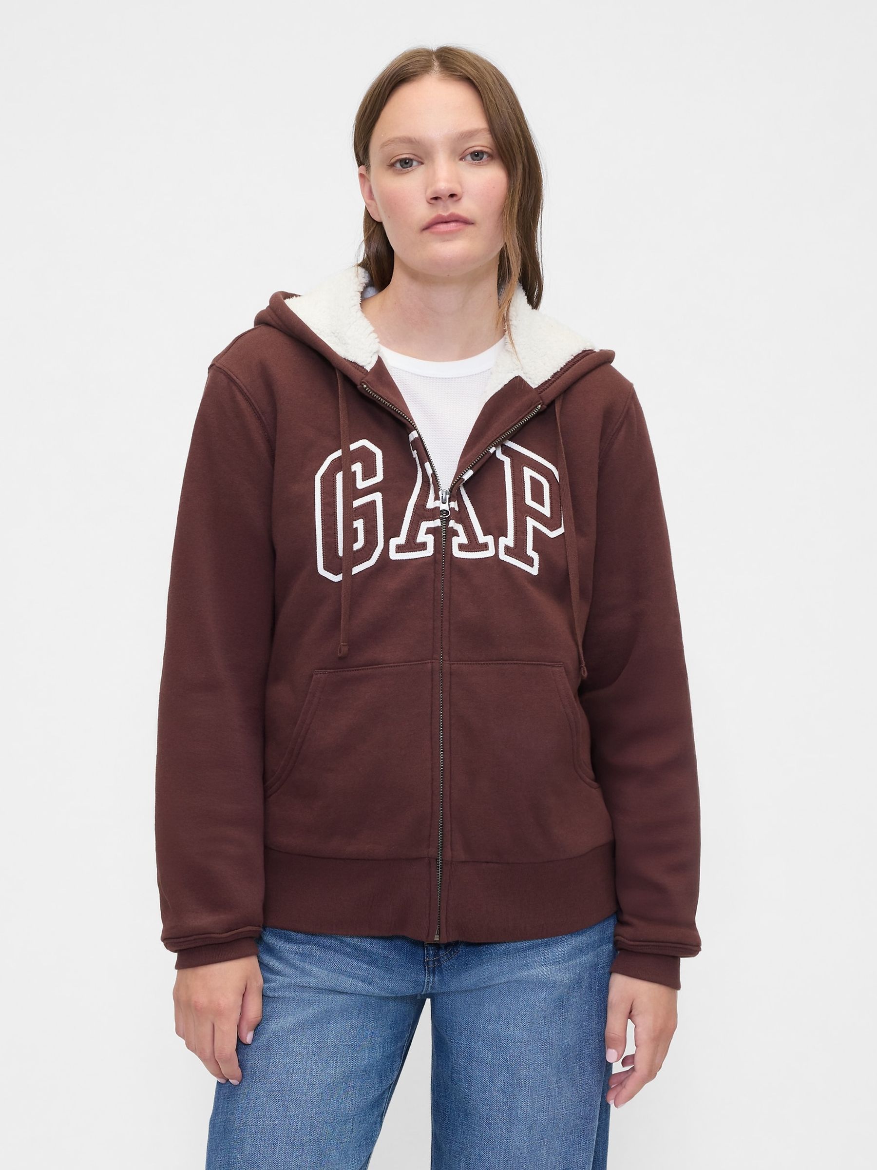 Brown Relaxed Logo Sherpa-Lined Zip Hoodie - Image 2 of 4