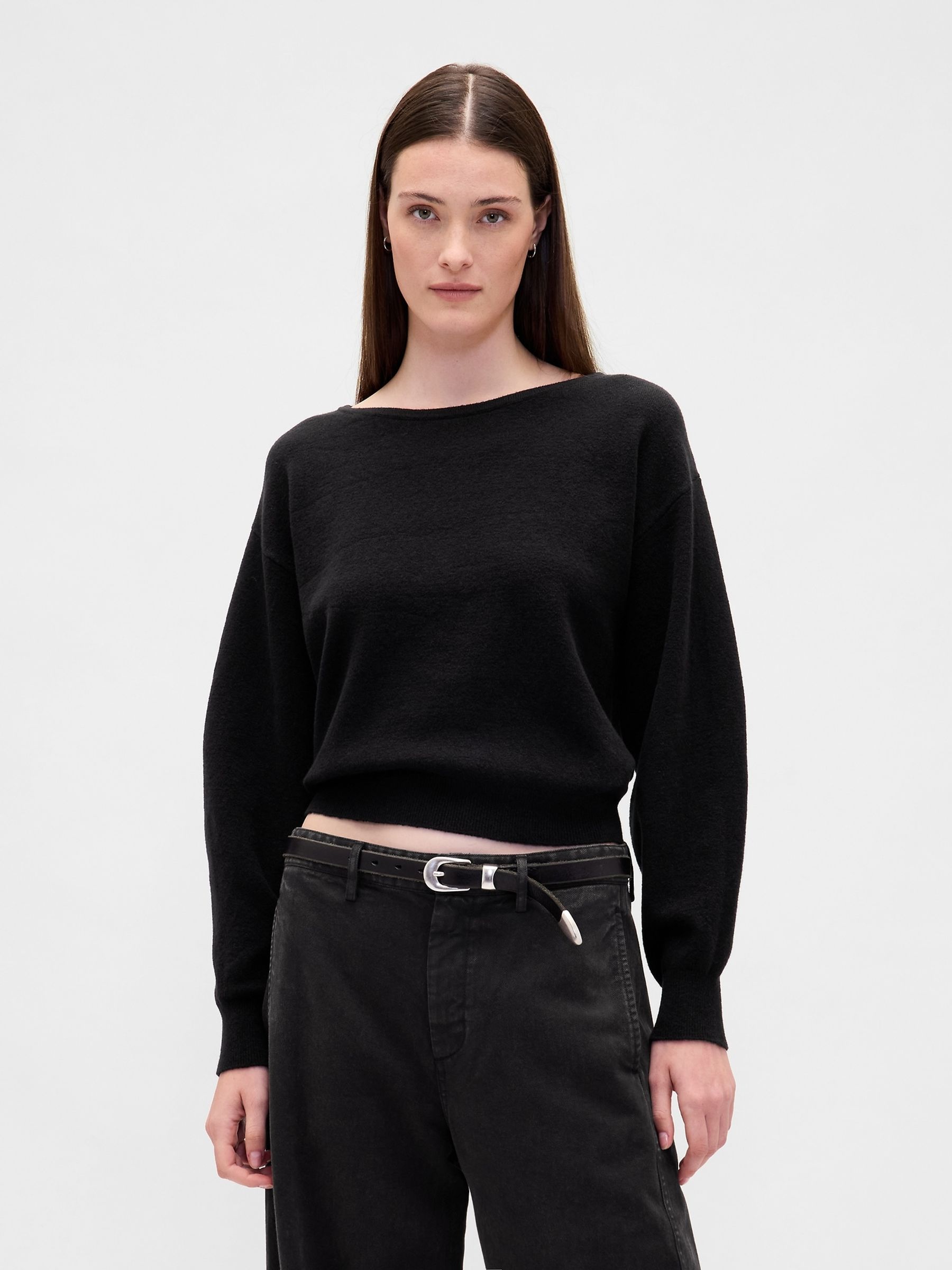 Black CashSoft Stretch Lantern-Sleeve Crop Sweatshirt - Image 1 of 4
