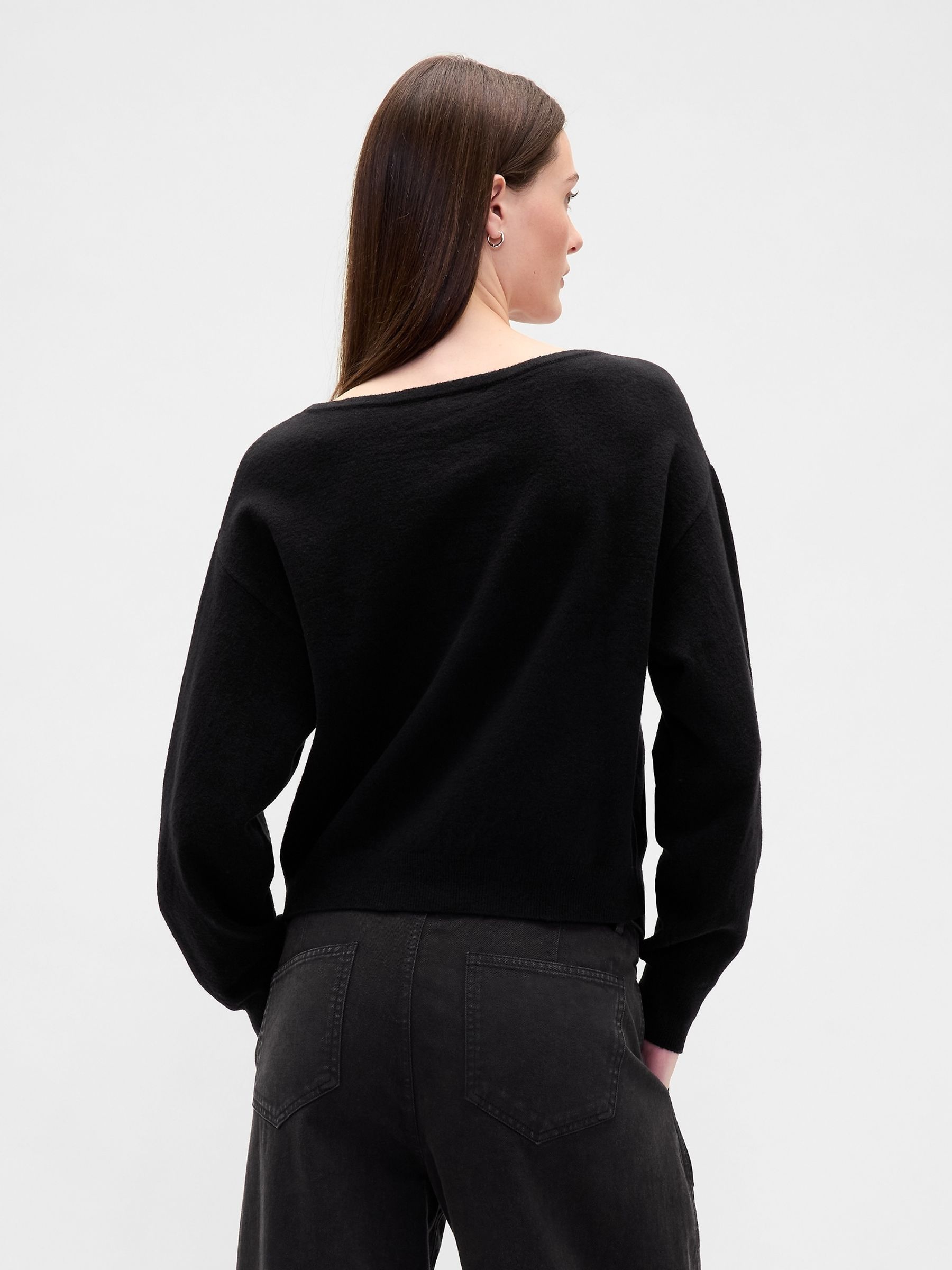 Black CashSoft Stretch Lantern-Sleeve Crop Sweatshirt - Image 2 of 4