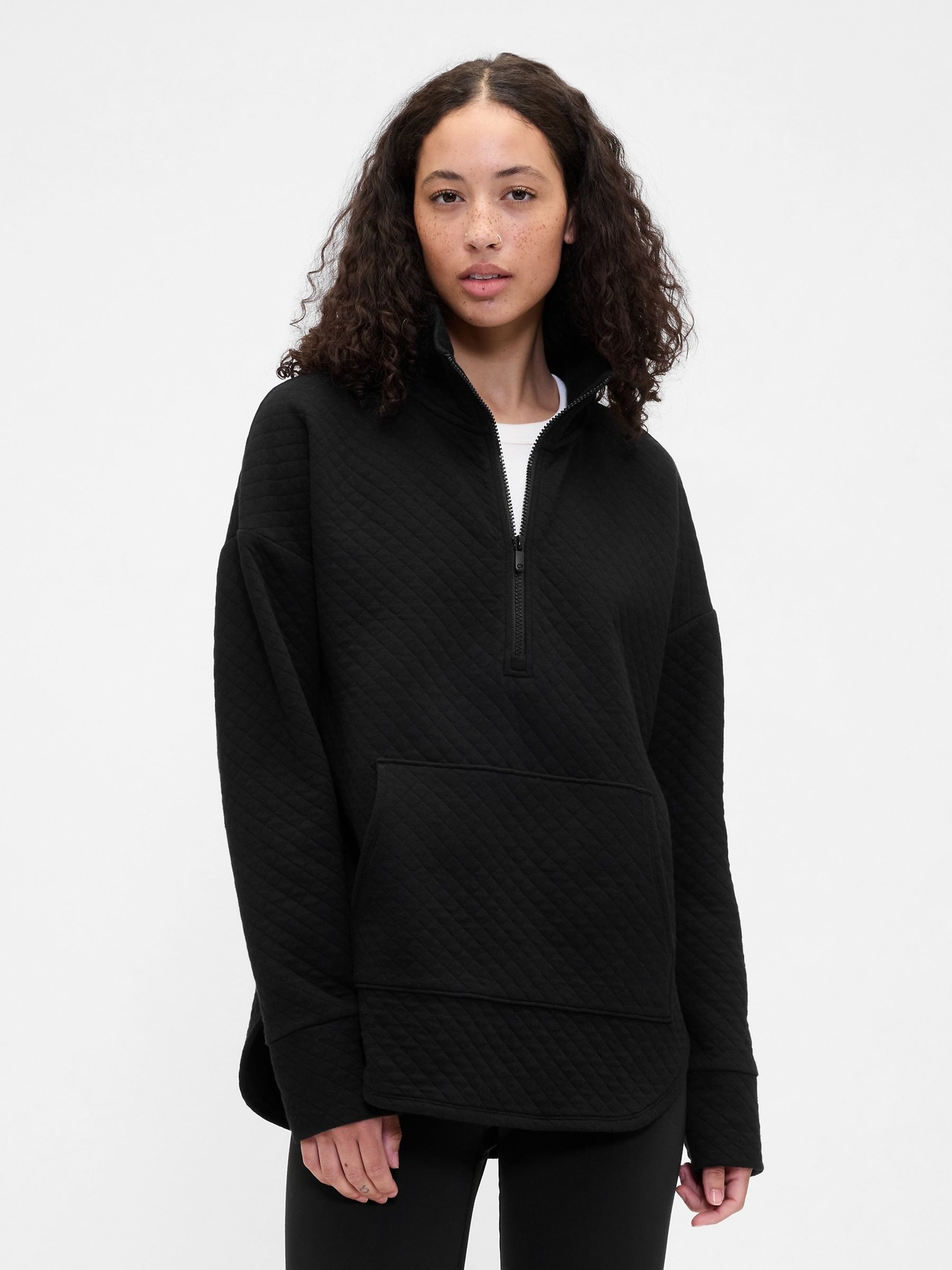 Black Oversized Quilted Quarter-Zip Jacket - Image 1 of 4