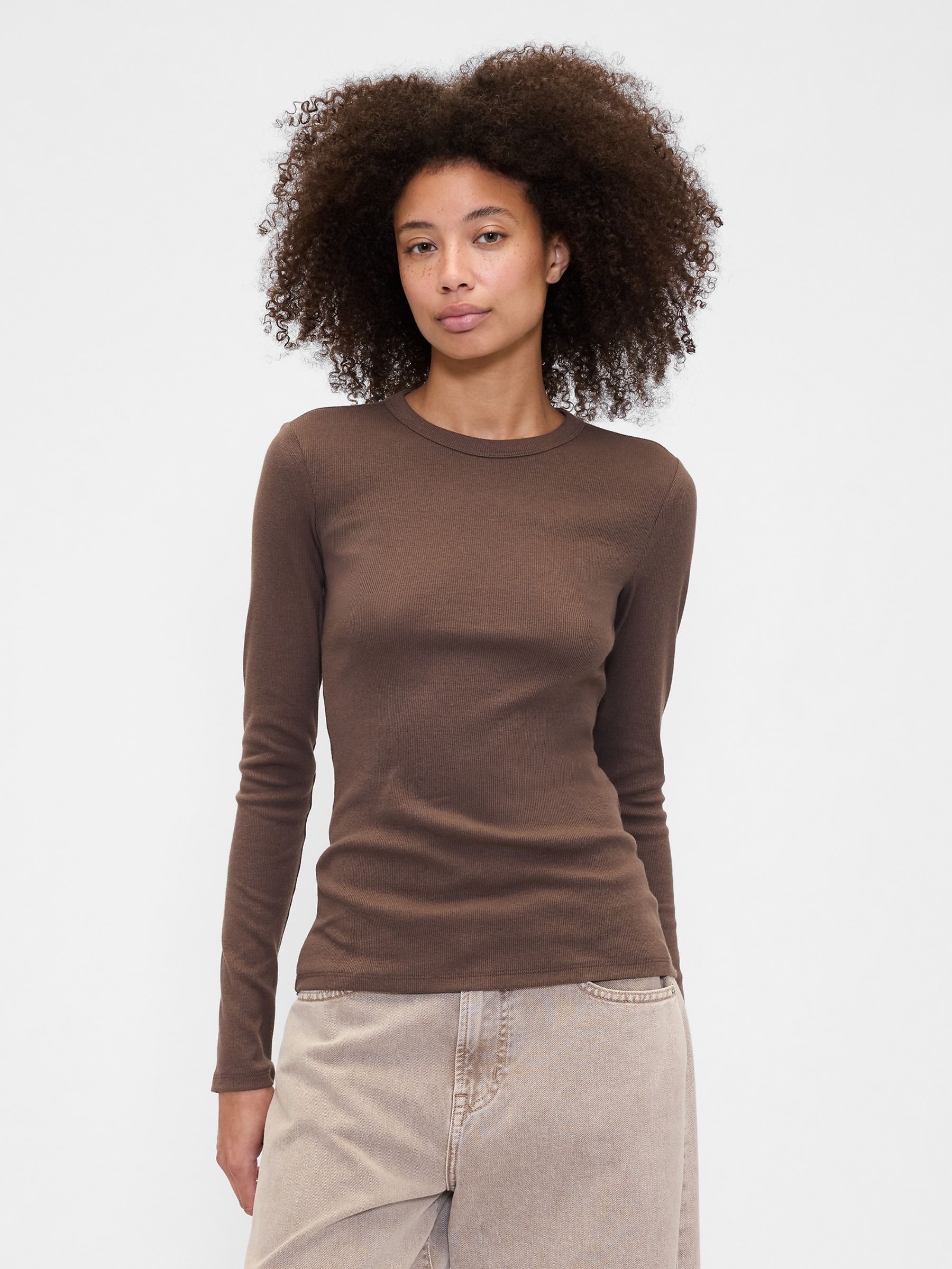 Brown Long Sleeve Rib T-Shirt - Image 1 of 5 Brown Long Sleeve Rib T-Shirt - Image 1 of 5