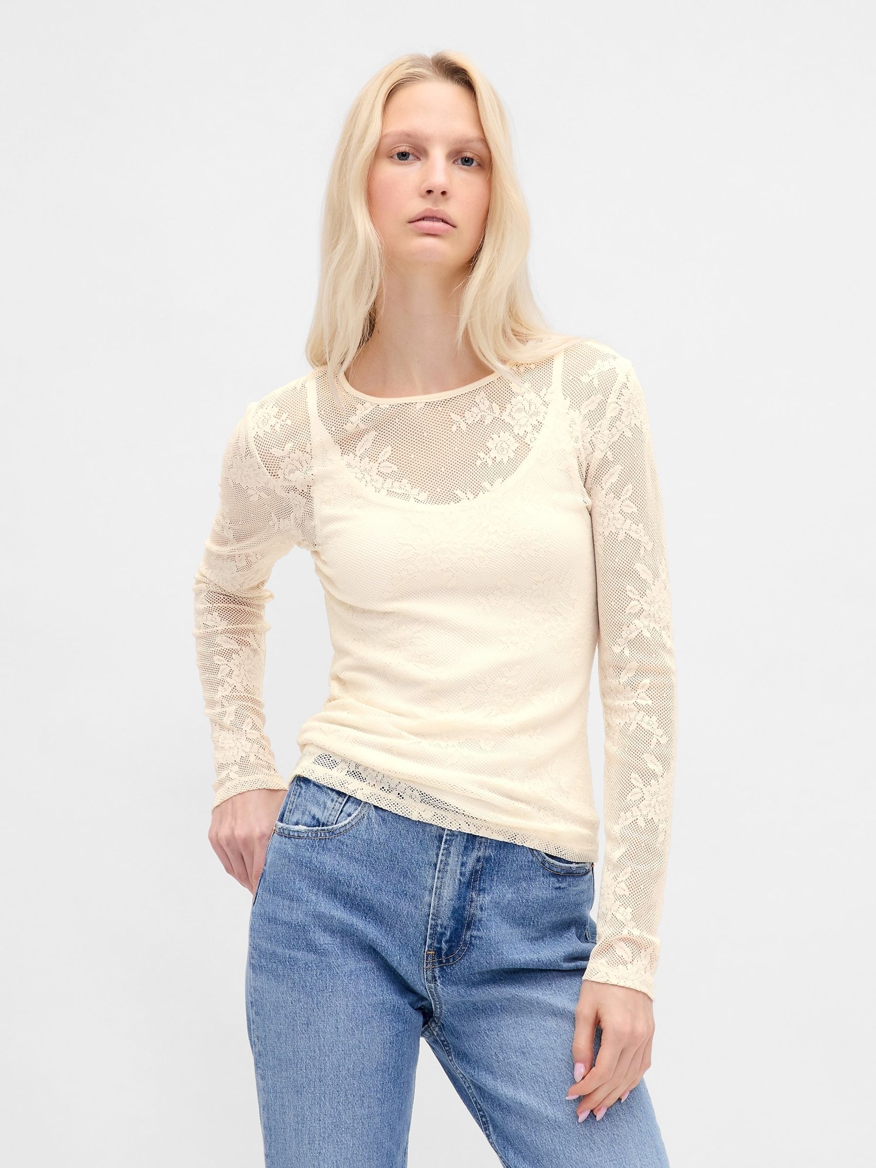 Cream Sheer Lace Top - Image 1 of 4