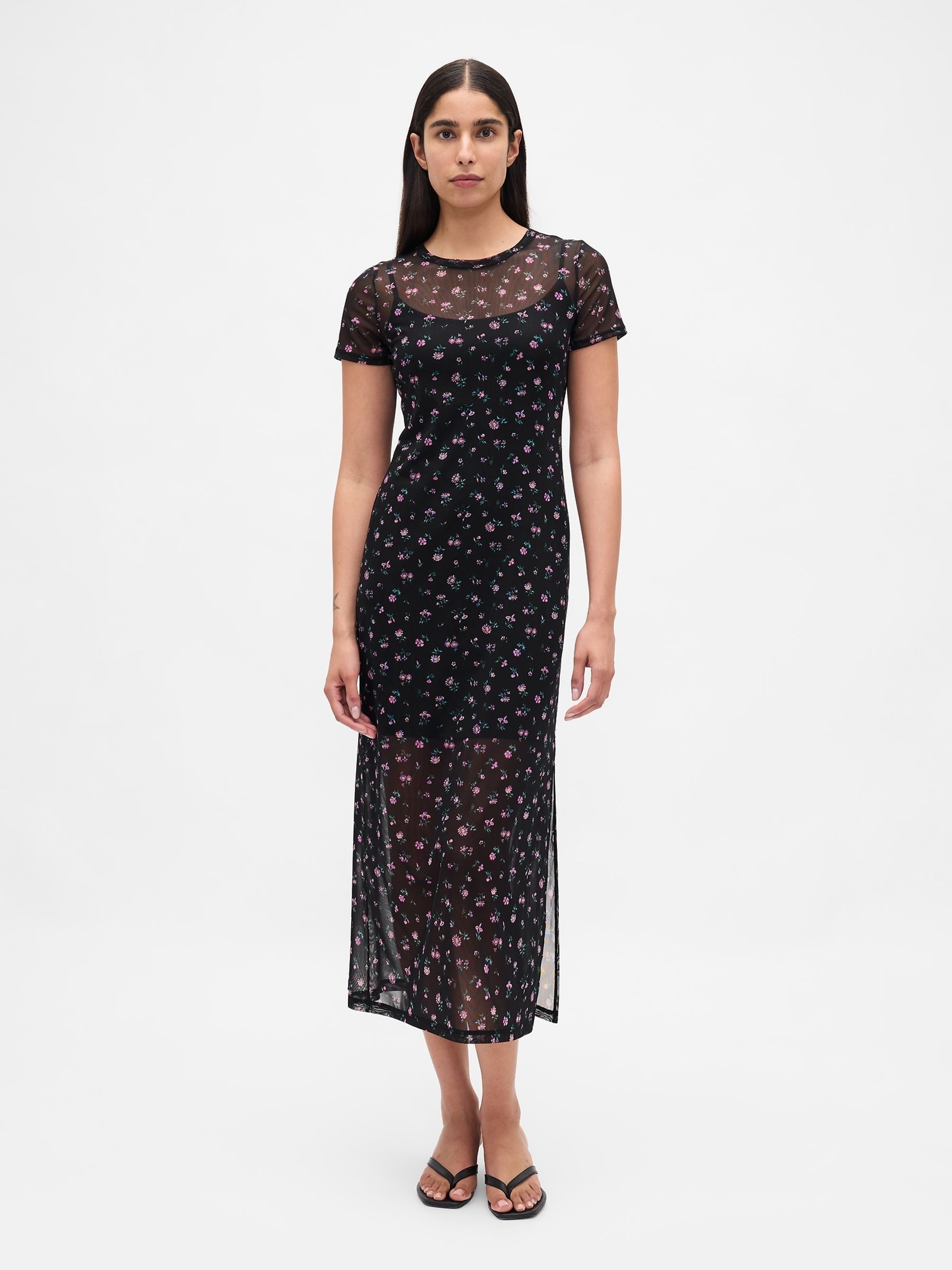 Black/Pink Mesh Square Neck Maxi Dress - Image 1 of 6