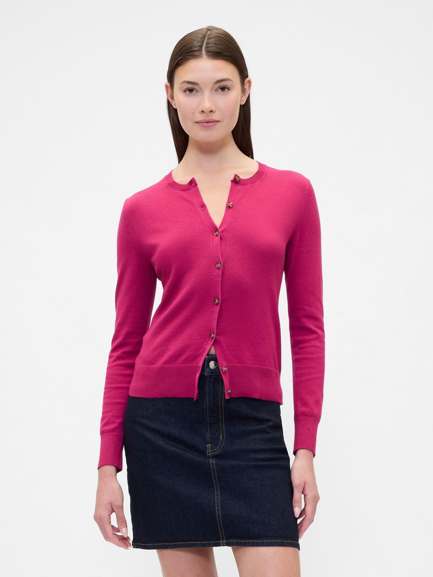 Berry Pink Crew Neck Cardigan - Image 1 of 5 Berry Pink Crew Neck Cardigan - Image 1 of 5