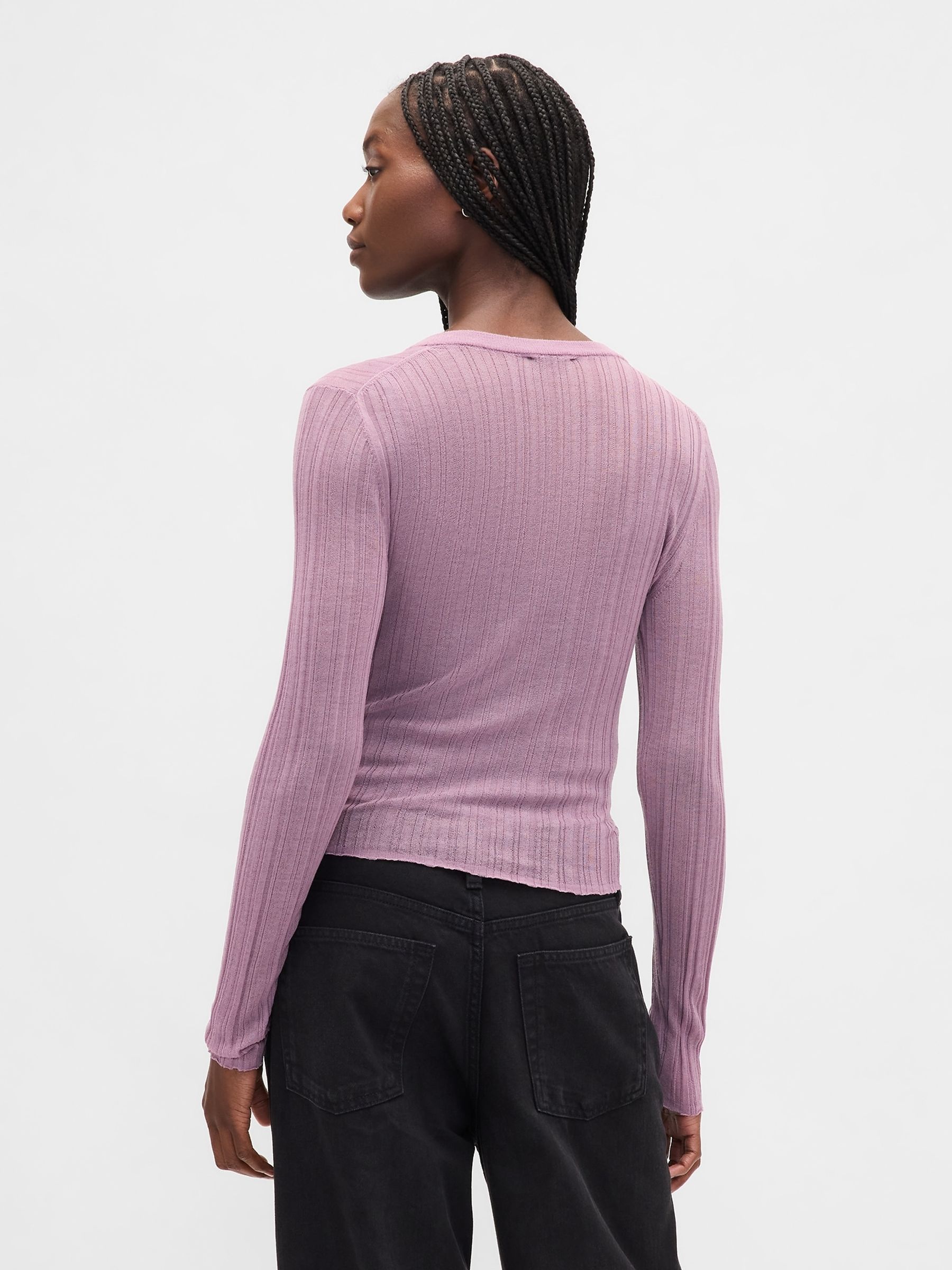 Pink Long Sleeve Sheer Rib Henley Top - Image 2 of 4