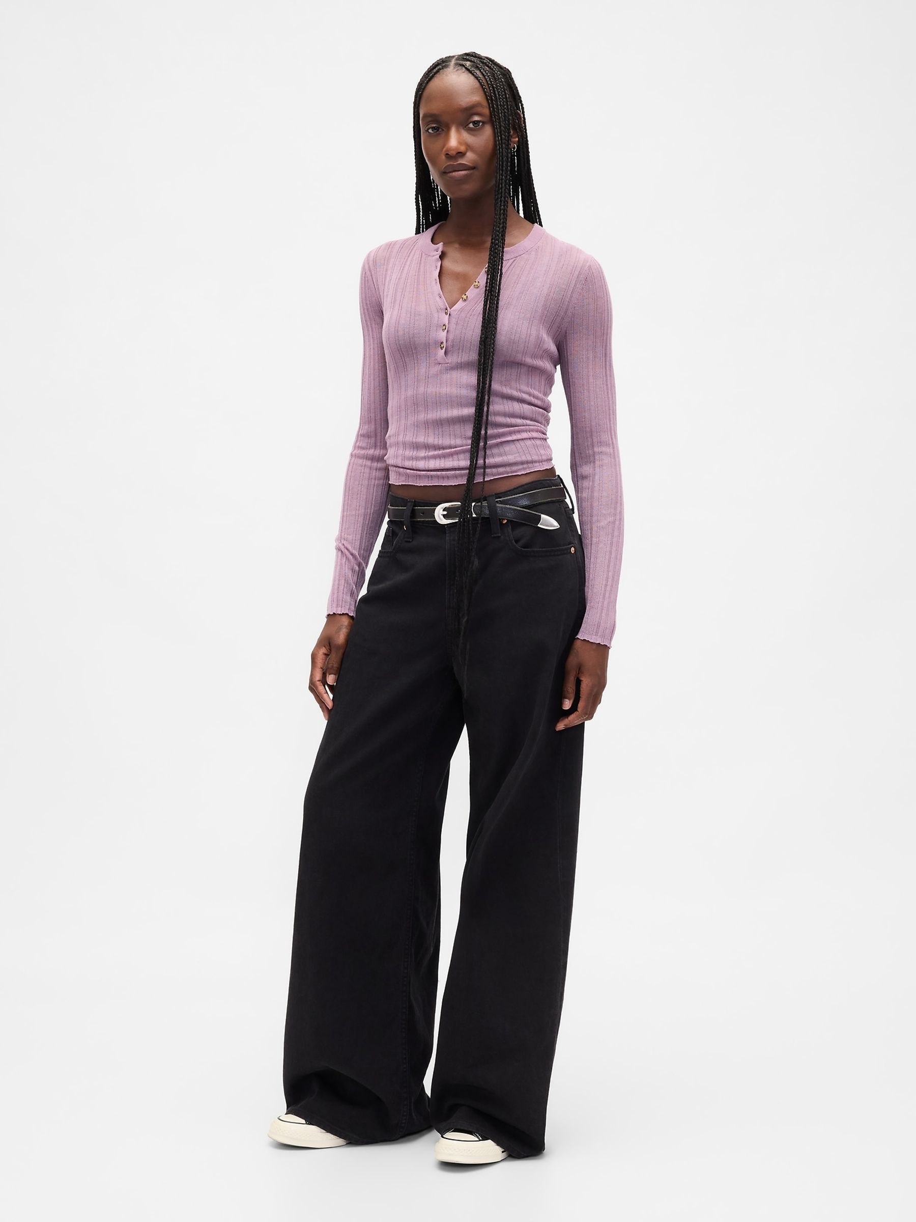 Pink Long Sleeve Sheer Rib Henley Top - Image 3 of 4