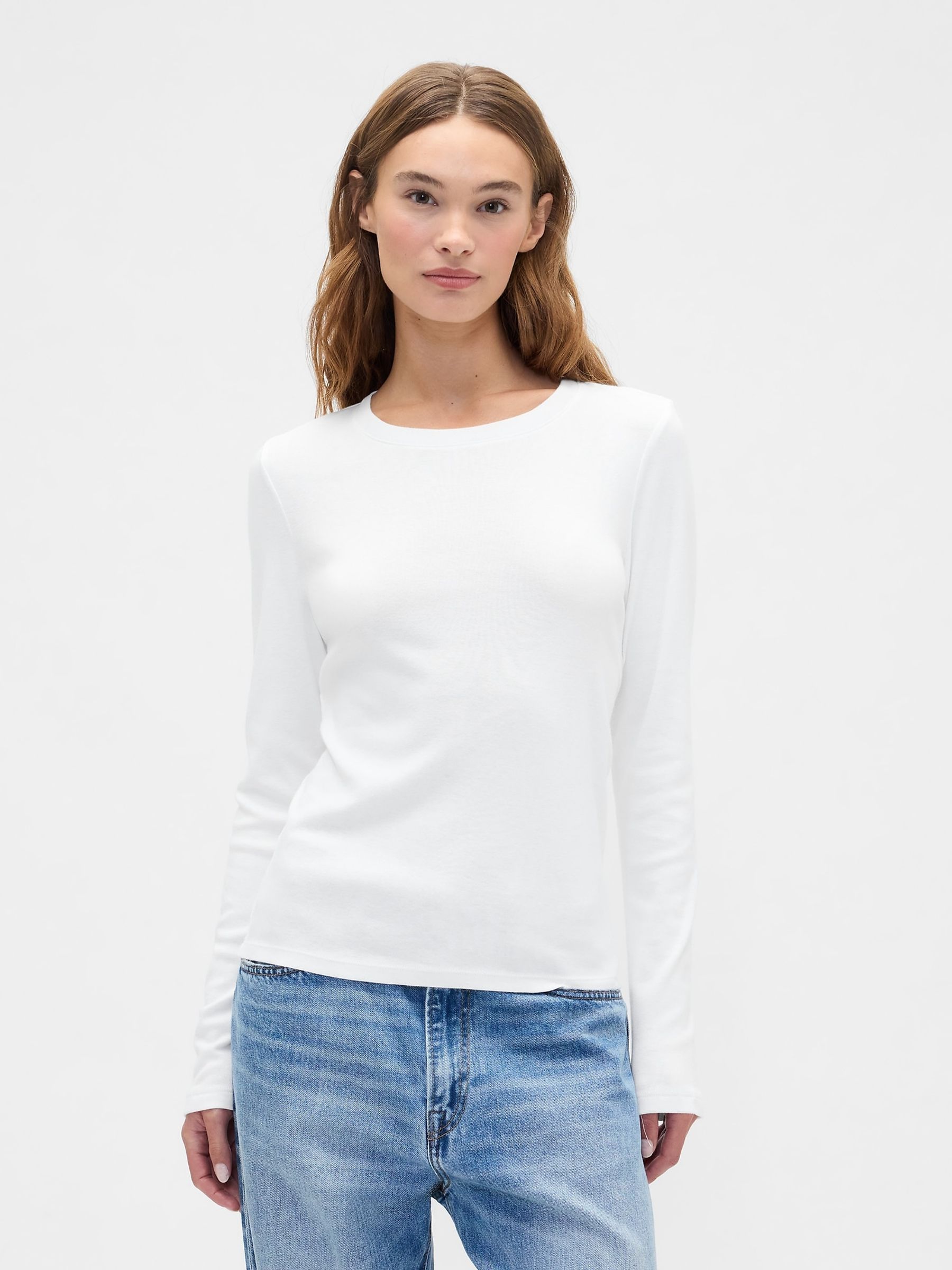 White Long Sleeve Modern Crewneck T-Shirt - Image 1 of 5