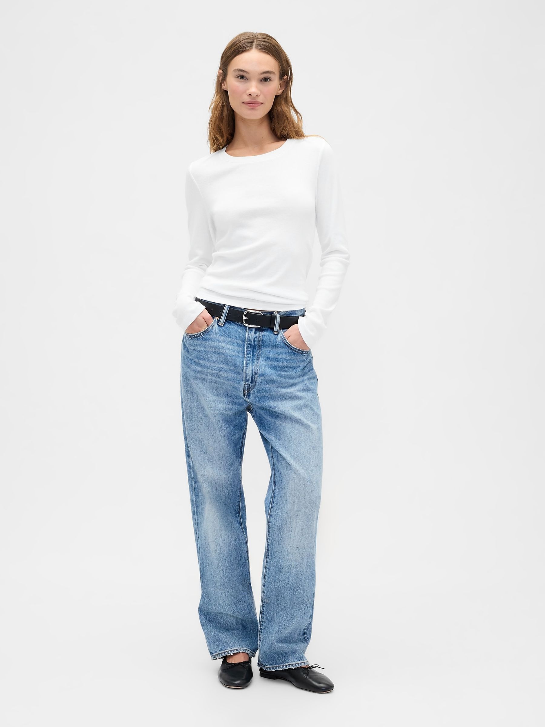White Long Sleeve Modern Crewneck T-Shirt - Image 4 of 5