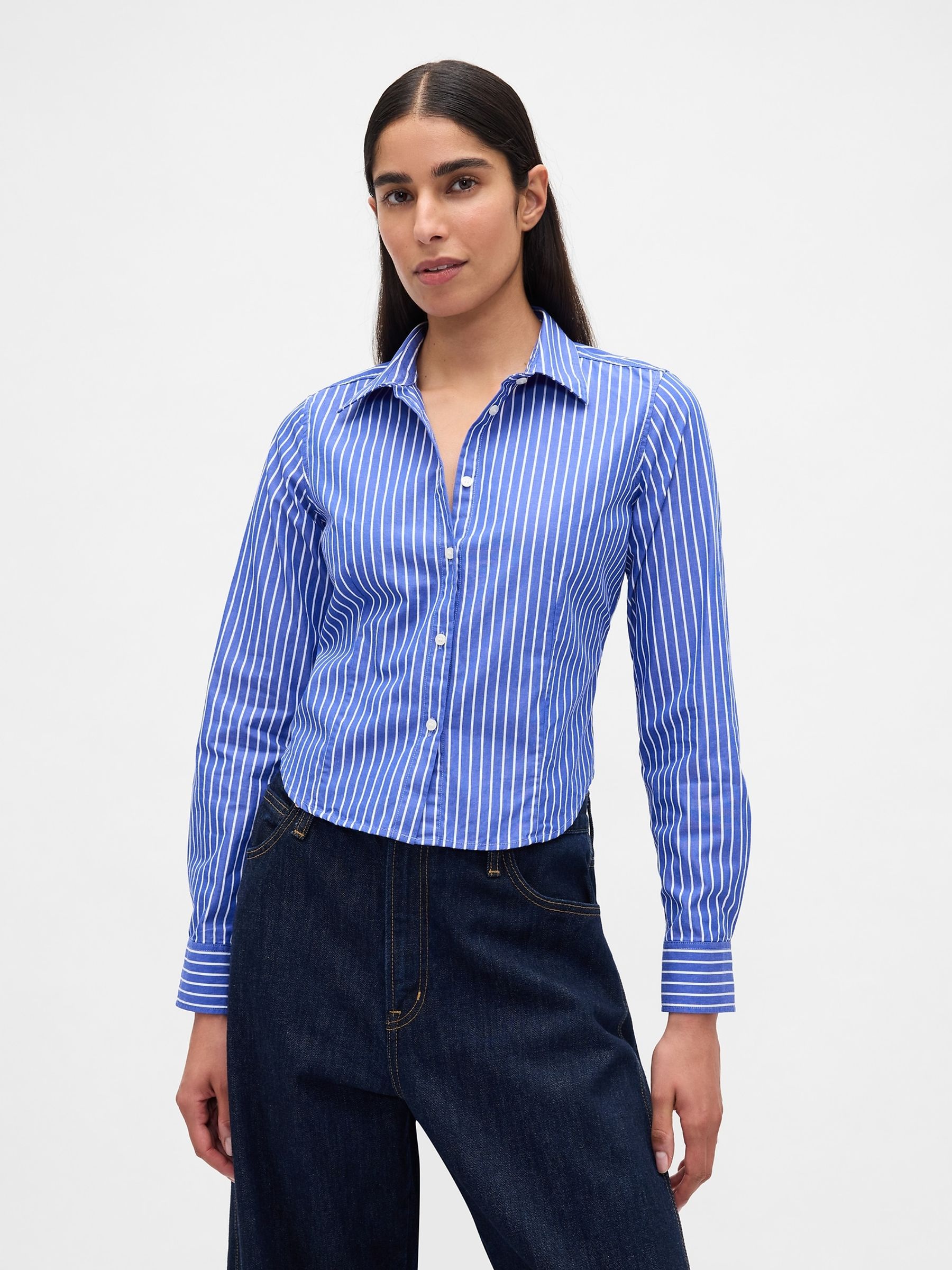 Blue/White Stripe Cotton Crop Shirt - Image 1 of 3 Blue/White Stripe Cotton Crop Shirt - Image 1 of 3