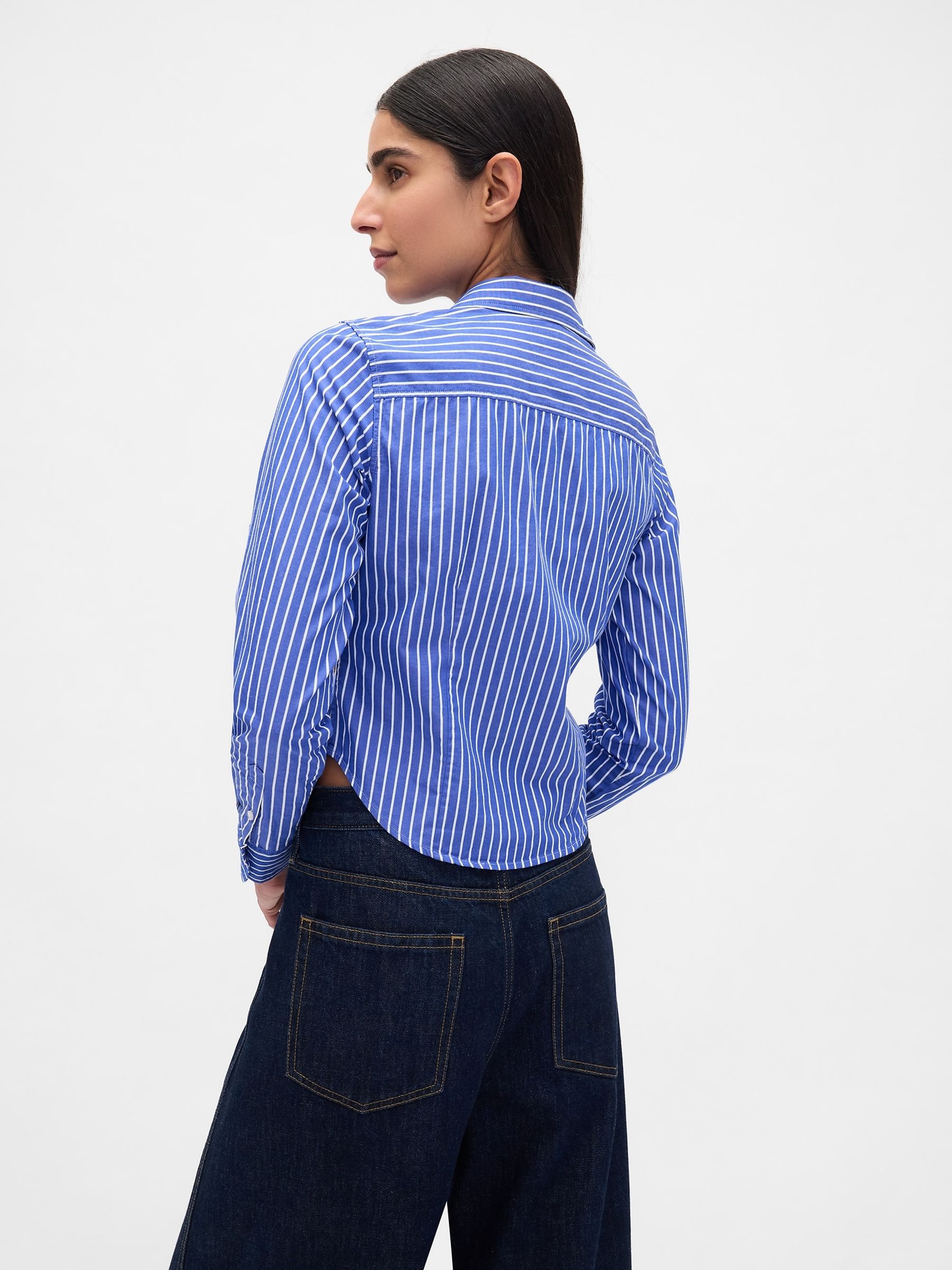 Blue/White Stripe Cotton Crop Shirt - Image 2 of 3 Blue/White Stripe Cotton Crop Shirt - Image 2 of 3