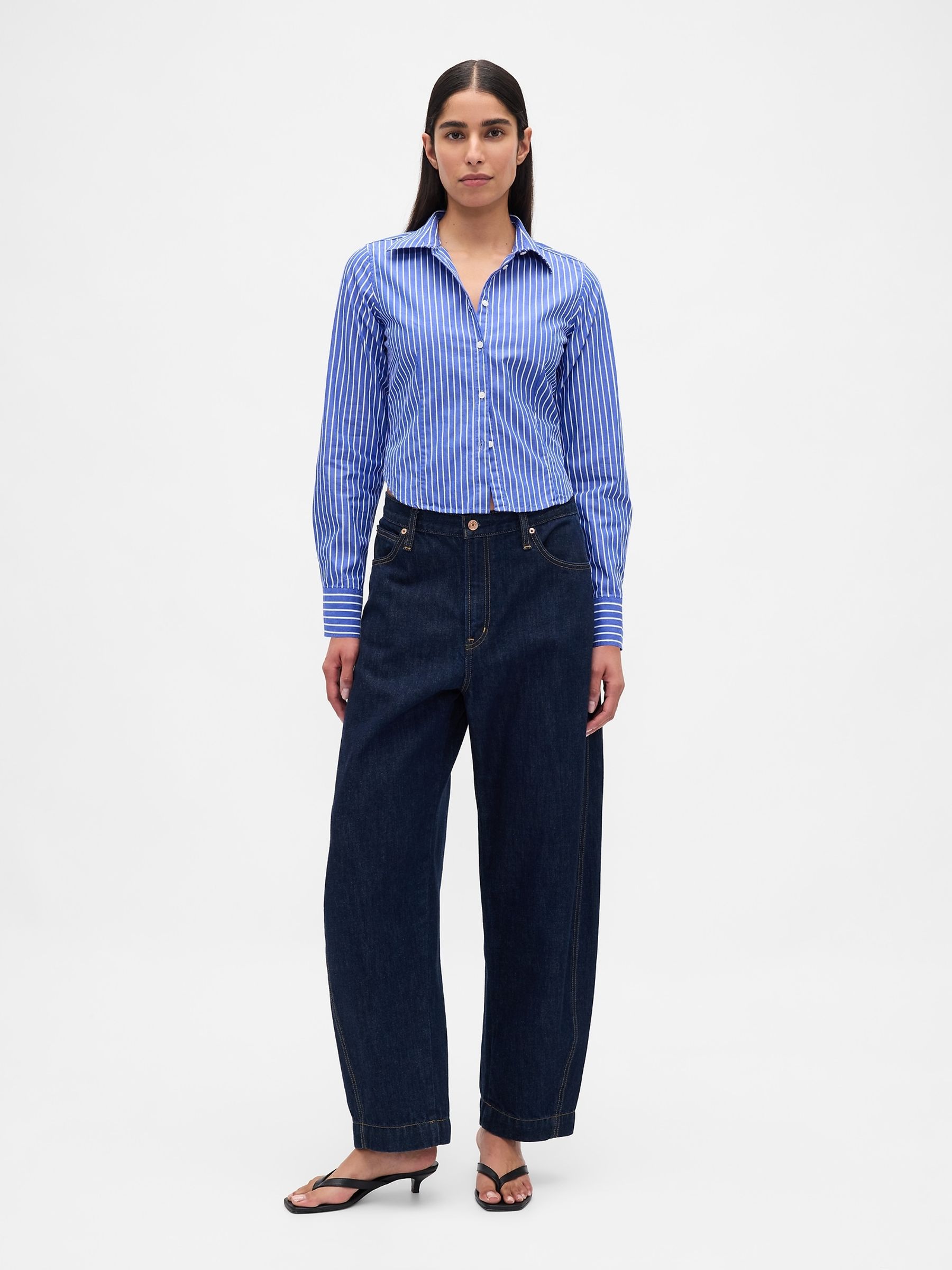 Blue/White Stripe Cotton Crop Shirt - Image 3 of 3 Blue/White Stripe Cotton Crop Shirt - Image 3 of 3