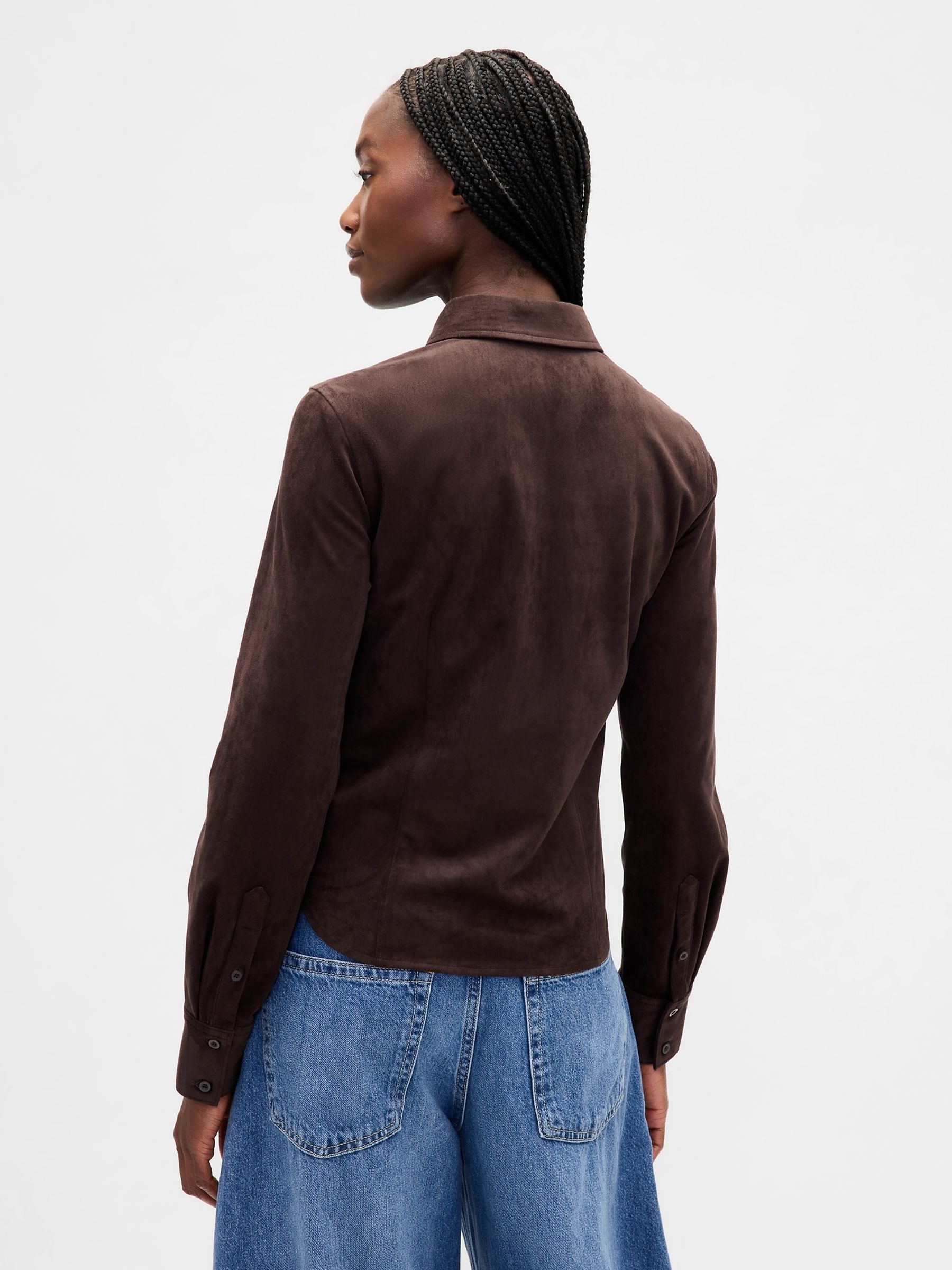 Brown Vegan Suede Fitted Shirt - Image 2 of 4 Brown Vegan Suede Fitted Shirt - Image 2 of 4