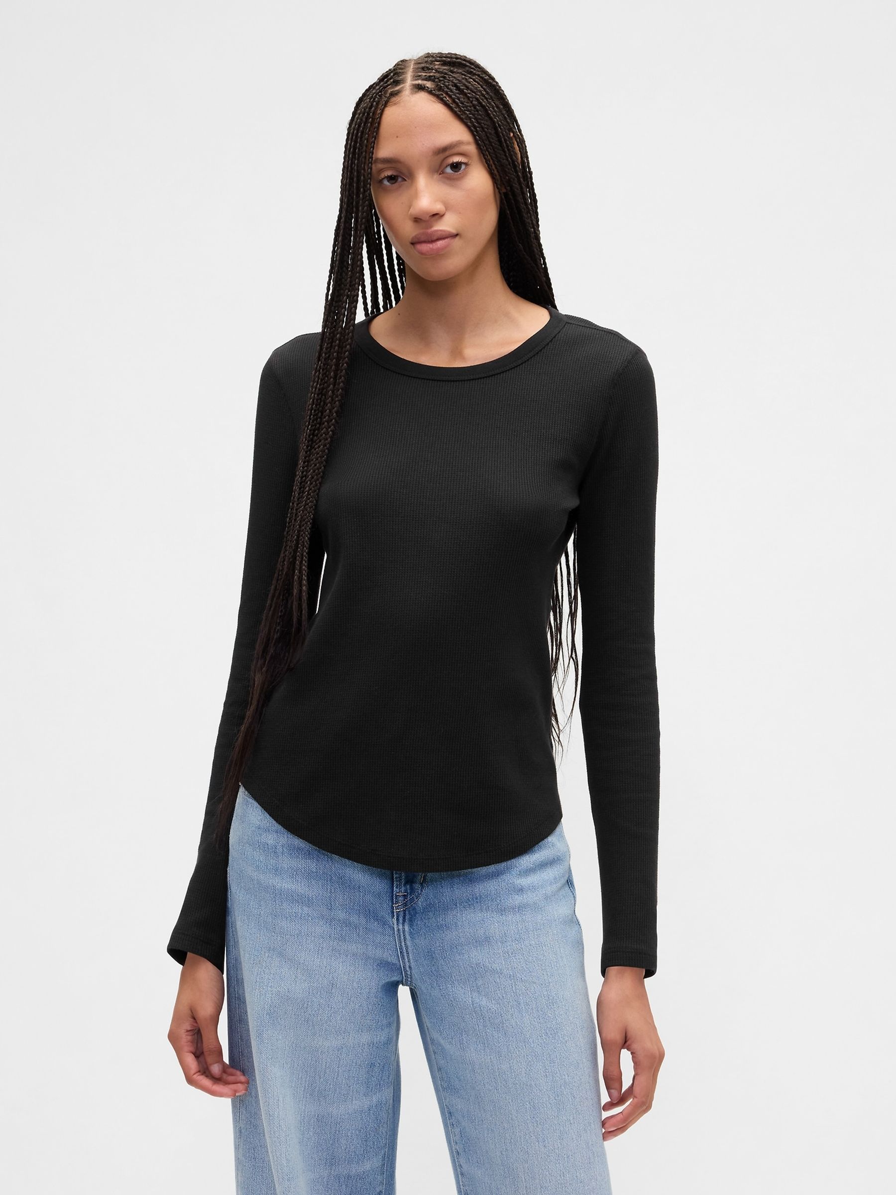 Black Waffle Knit Crew Neck T-Shirt - Image 1 of 3
