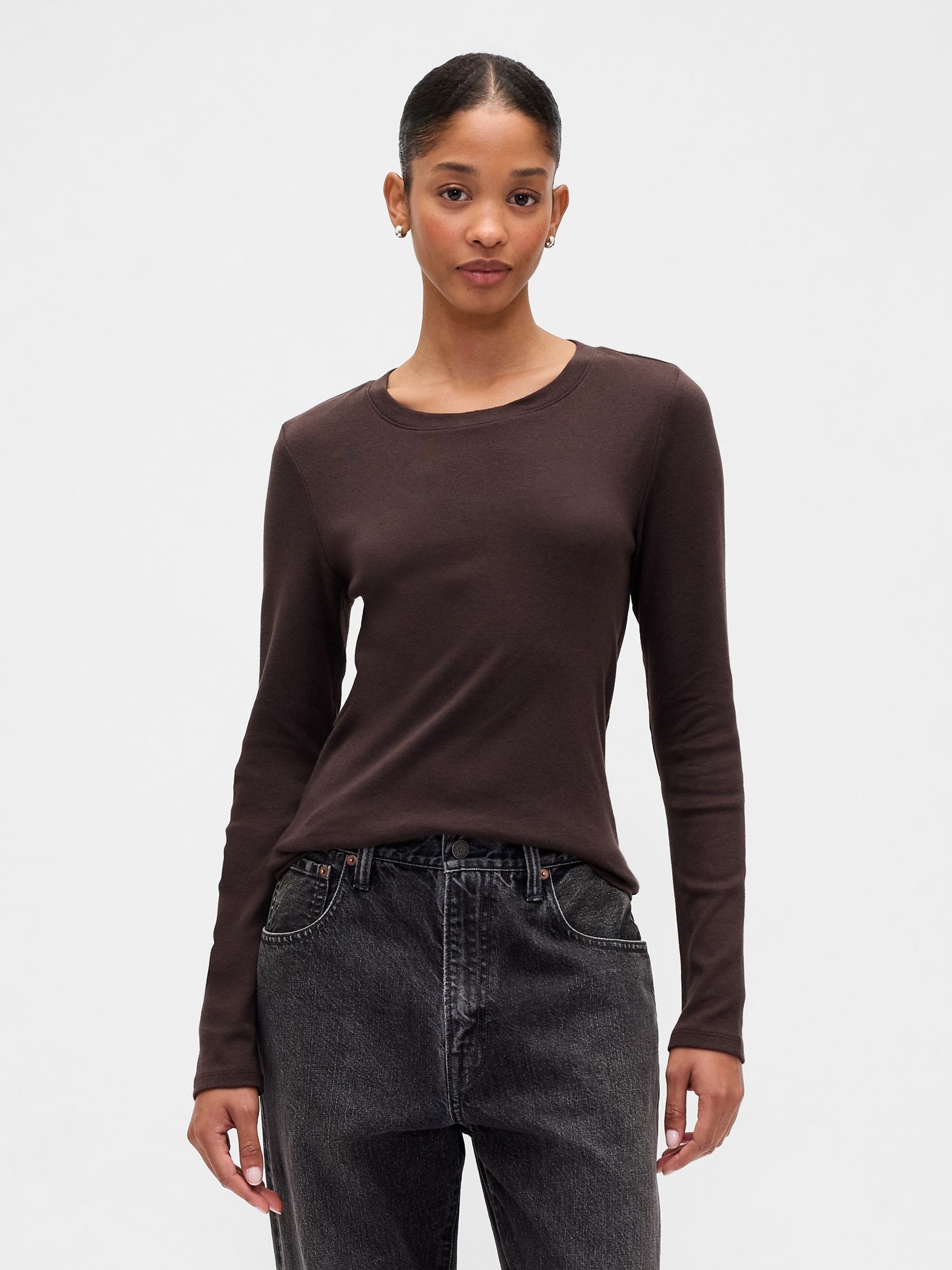 Brown Long Sleeve Modern Crewneck T-Shirt - Image 1 of 5
