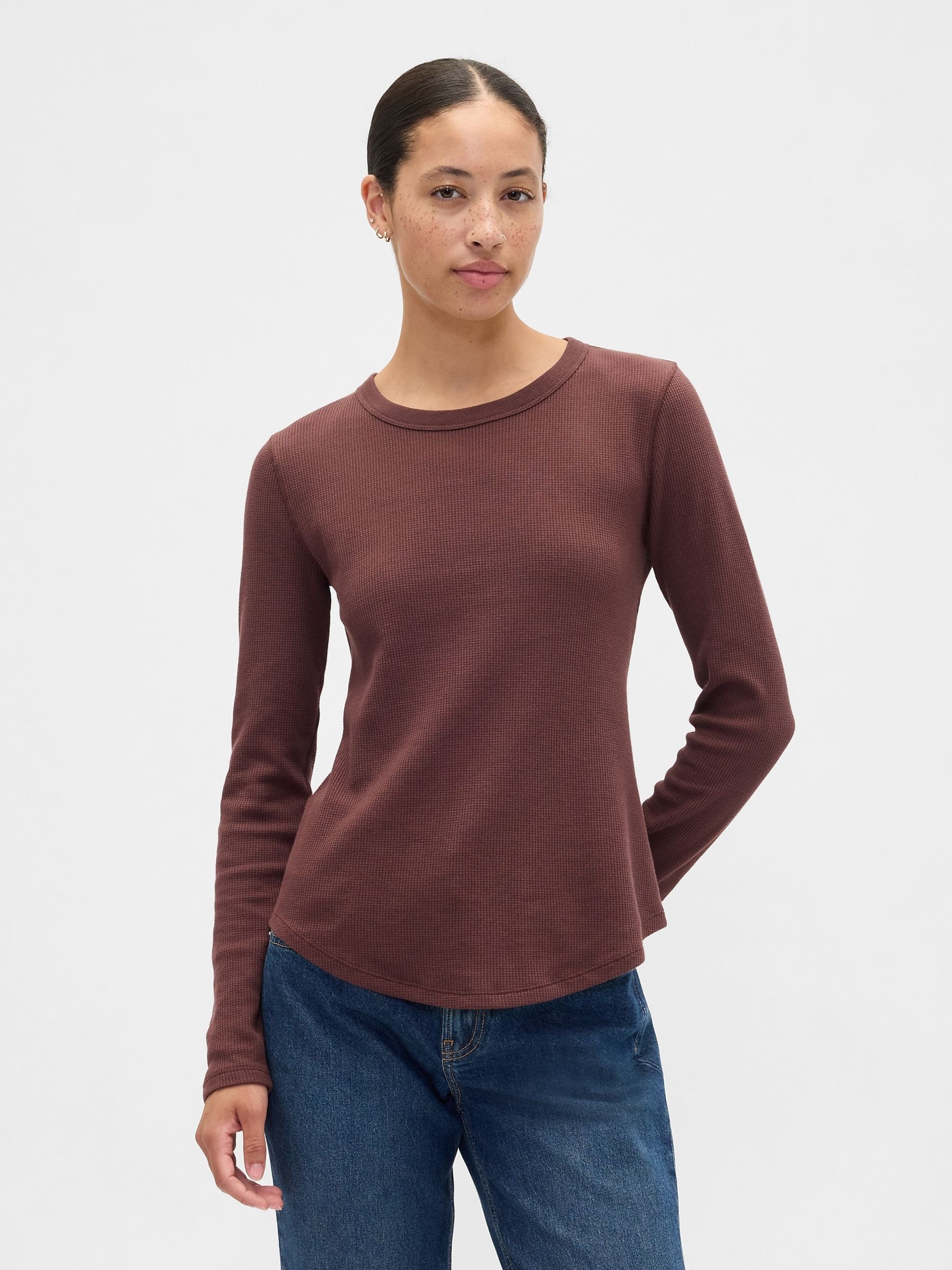Brown Waffle Knit Crew Neck T-Shirt - Image 1 of 4